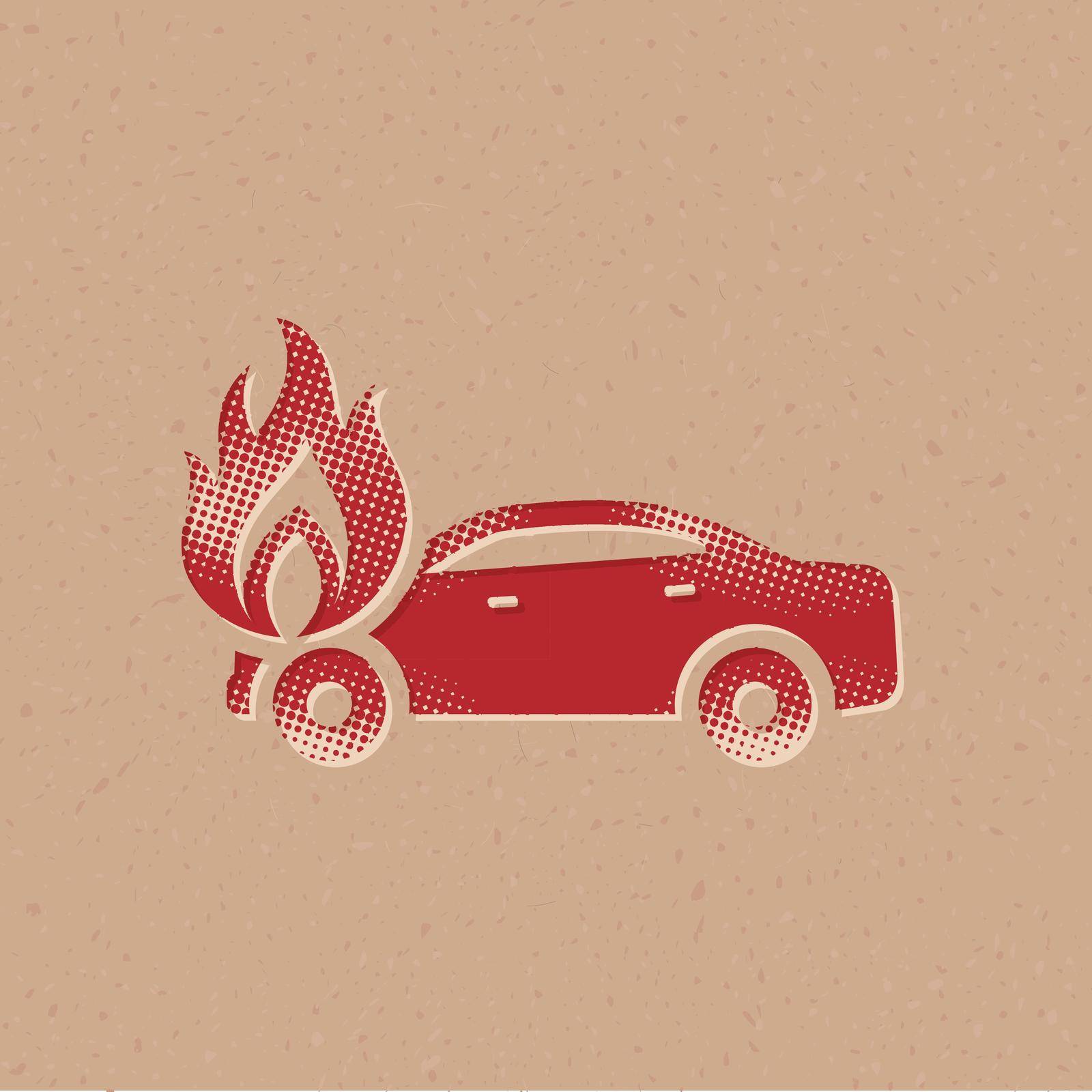 Car on fire icon in halftone style. Grunge background vector illustration.