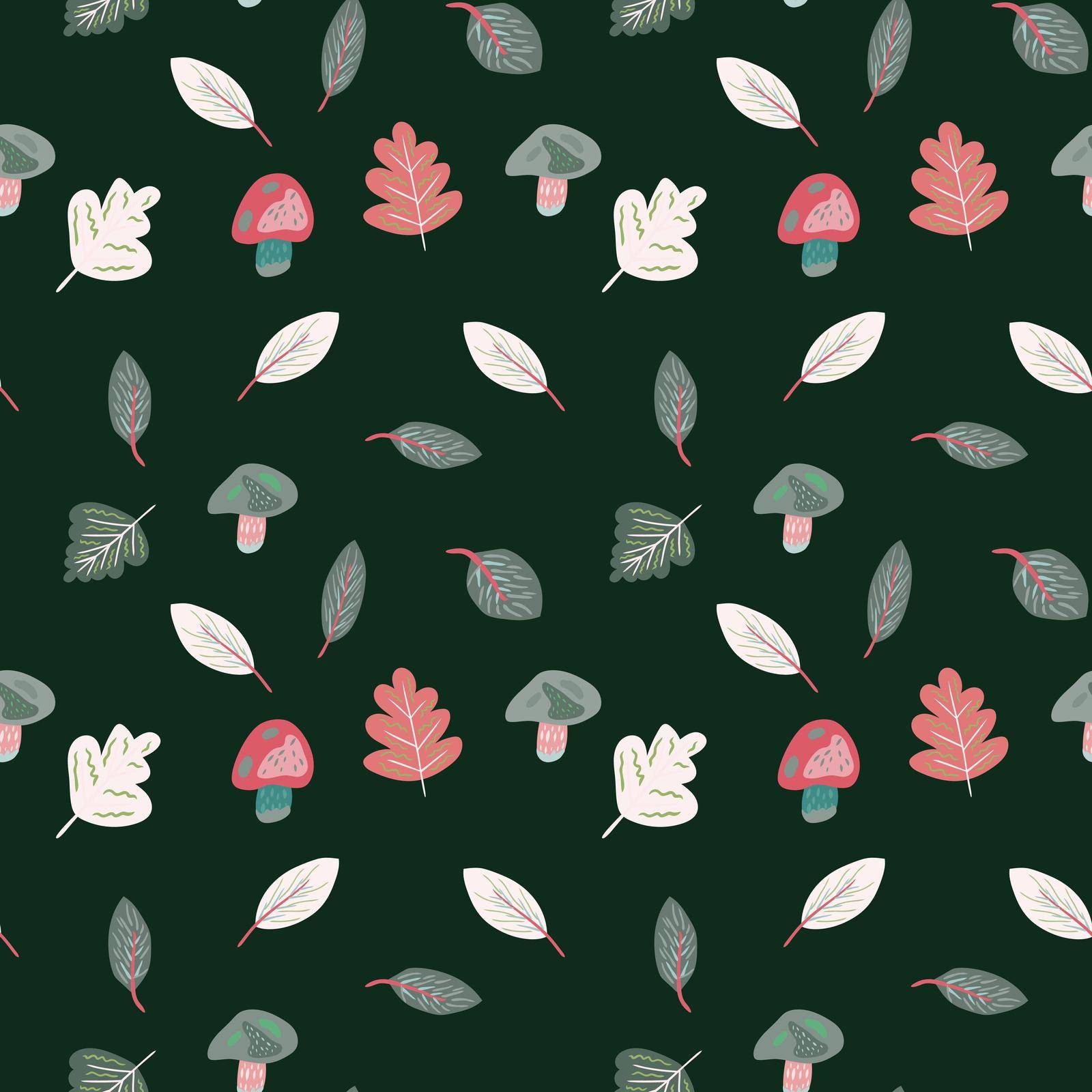 Seamless vector pattern in green autumn colors with mushrooms, leaves, etc. Wallpaper, scrapbooking, textie and other surface design.