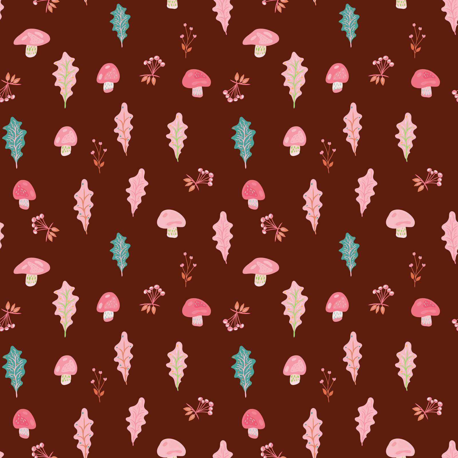 Seamless vector pattern in autumn colors with mushrooms, leaves, etc. Wallpaper, scrapbooking, textie and other surface design.
