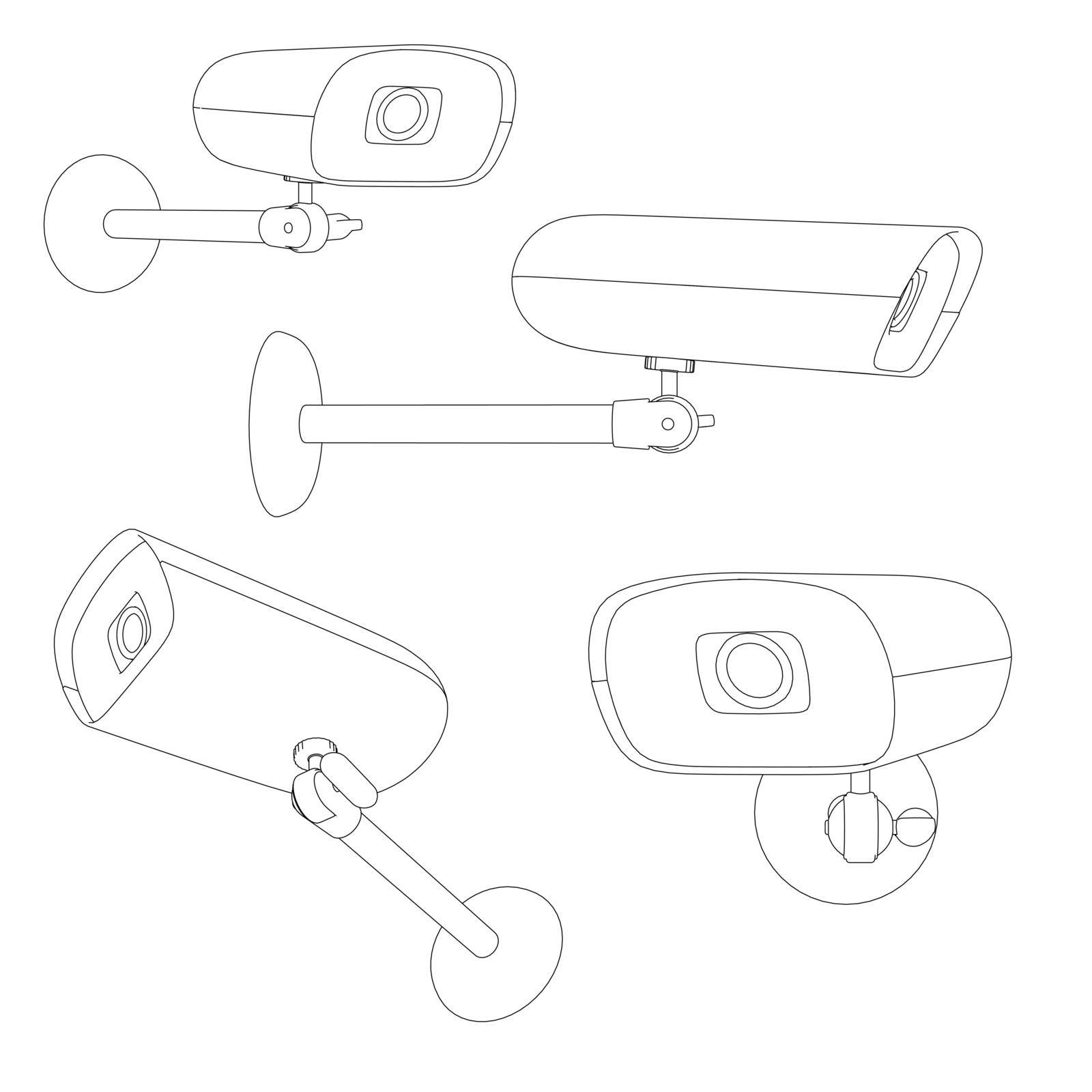 Set with the contours of a street surveillance camera from black lines isolated on a white background. Vector illustration.