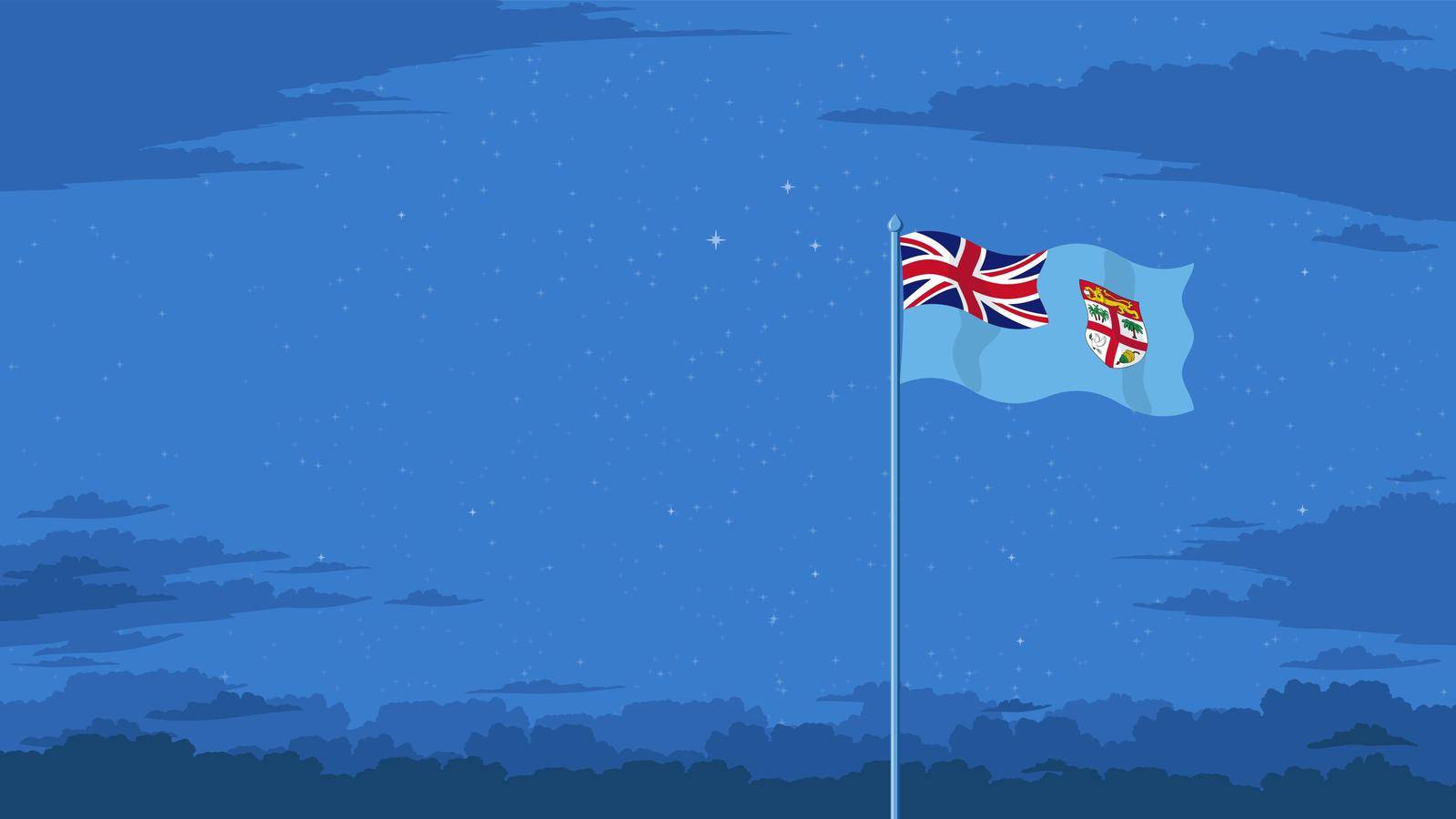Detailed flat vector illustration of a flying flag of Fiji in front of a cloudy night background. Room for text.