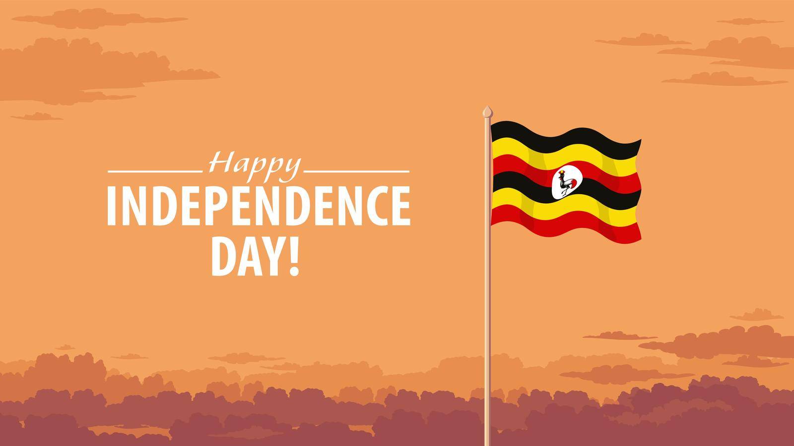 Detailed flat vector illustration of a flying flag of Uganda in front of a cloudy sky background. Happy Independence Day.