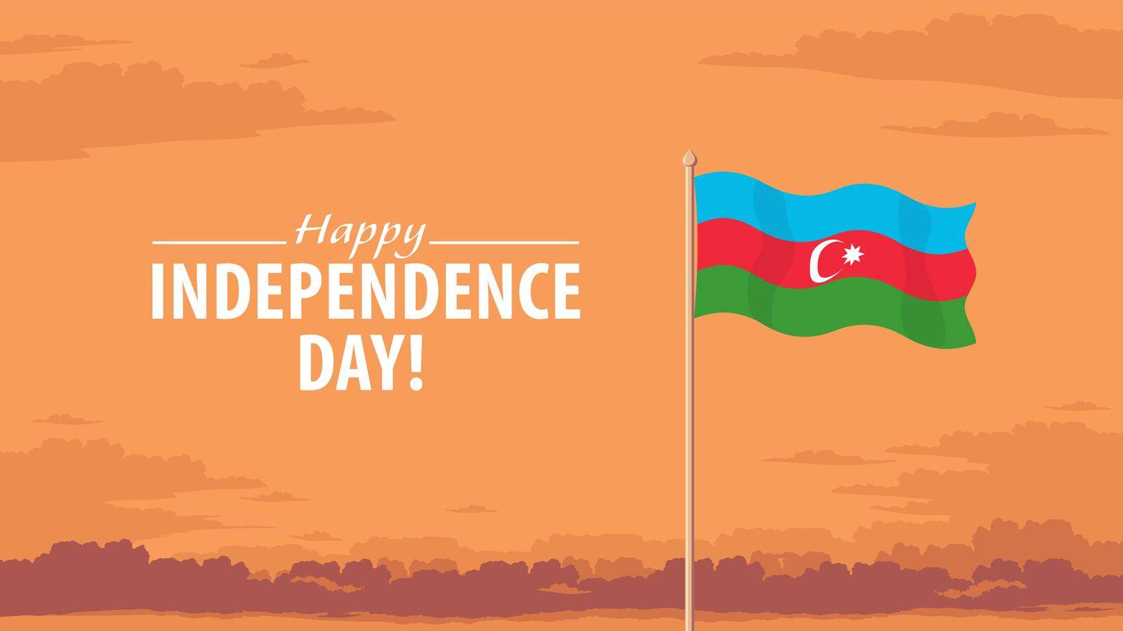 Detailed flat vector illustration of a flying flag of Azerbaijan in front of a cloudy sky background. Happy Independence Day.