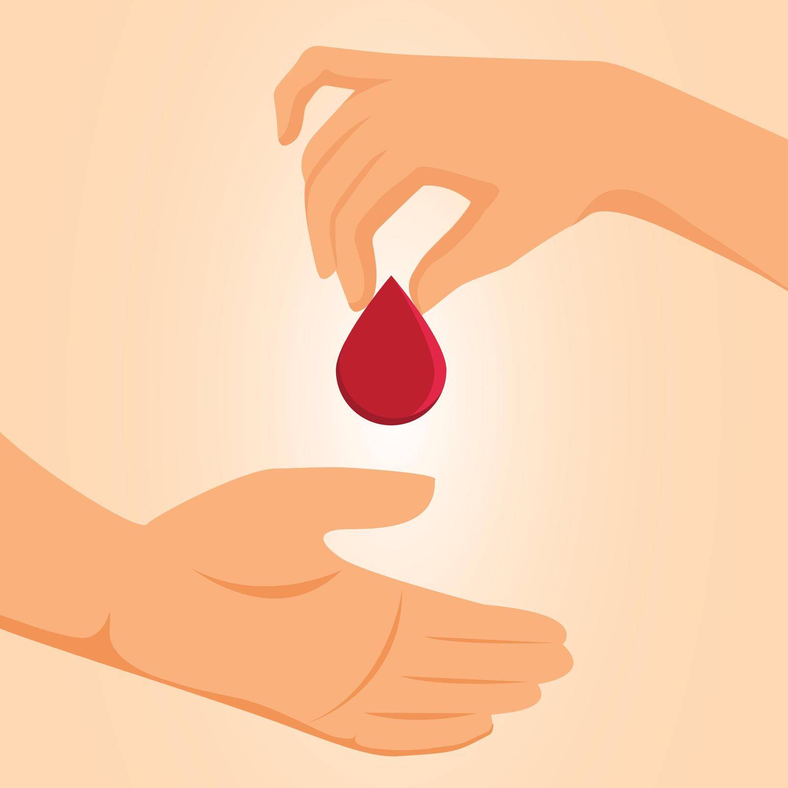 Hand giving, donate blood. World blood donor day concept. Red drop symbol of volunteer blood donation. Vector illustration