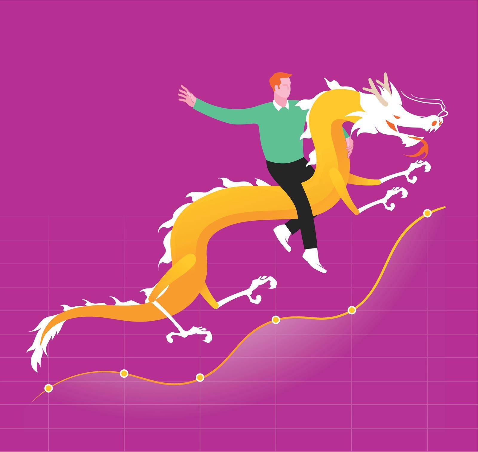 Riding the yellow dragon. Business and economy metaphor. Vector illustration.