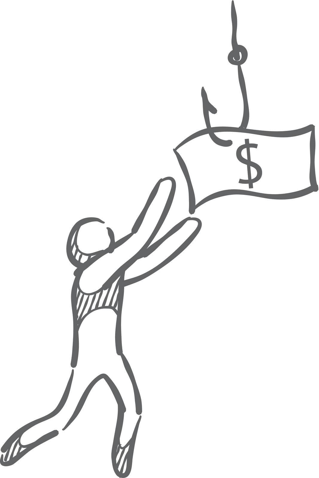 Man chasing dollar bait icon in sketch style. Vector illustration.