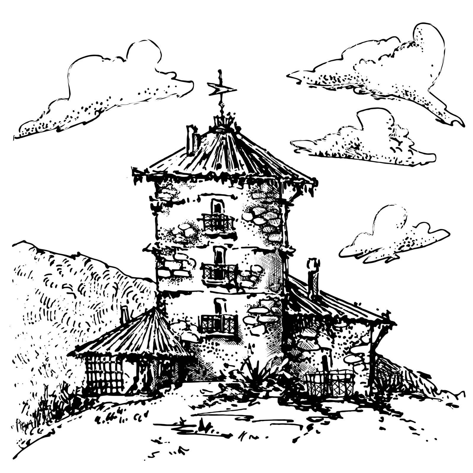 Hand-drawn sketch of temple by Olatarakanova