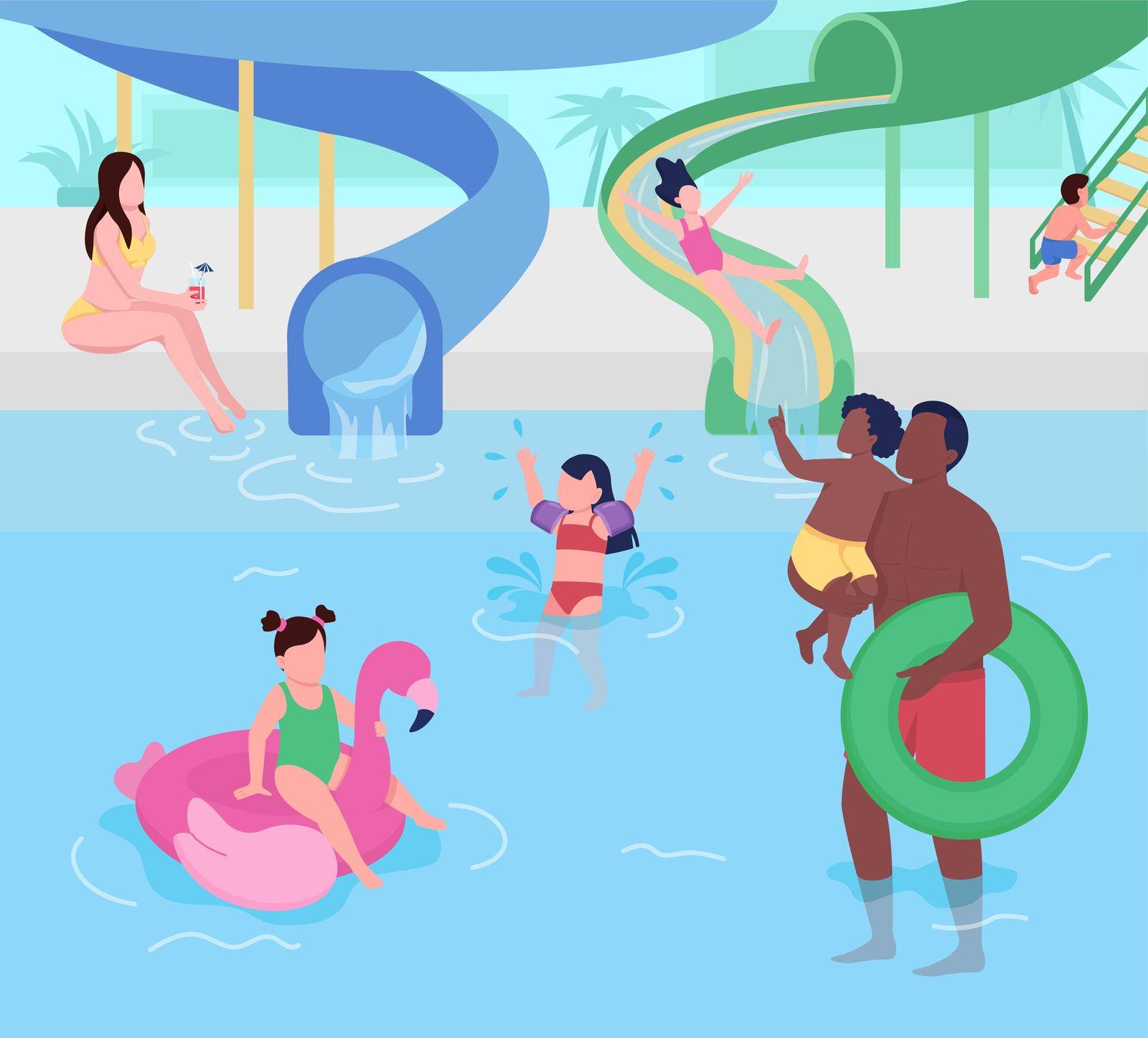 Water park for kids flat color vector illustration. Family entertainment. Attraction for children and parents. Aqua park 2D cartoon characters with tubes and slides for fun on background