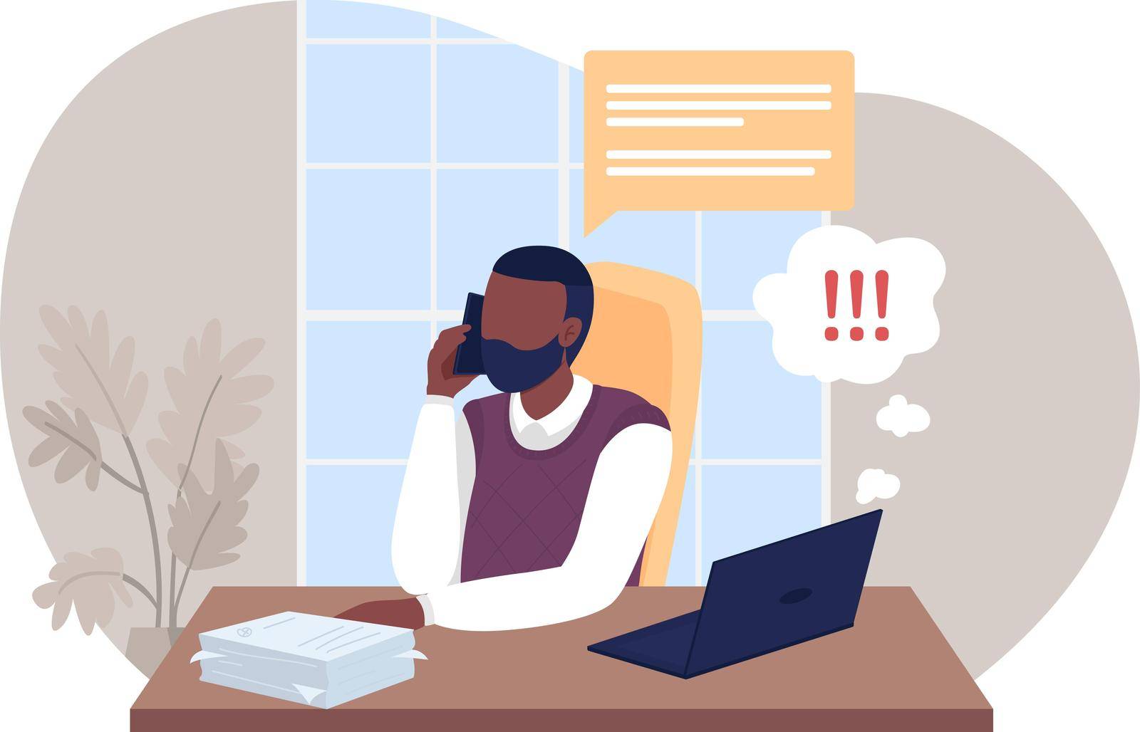 Distraction from work 2D vector isolated illustration. Man talking on phone, ignoring urgent project. Depressed flat character on cartoon background. Freelancer in home office colourful scene