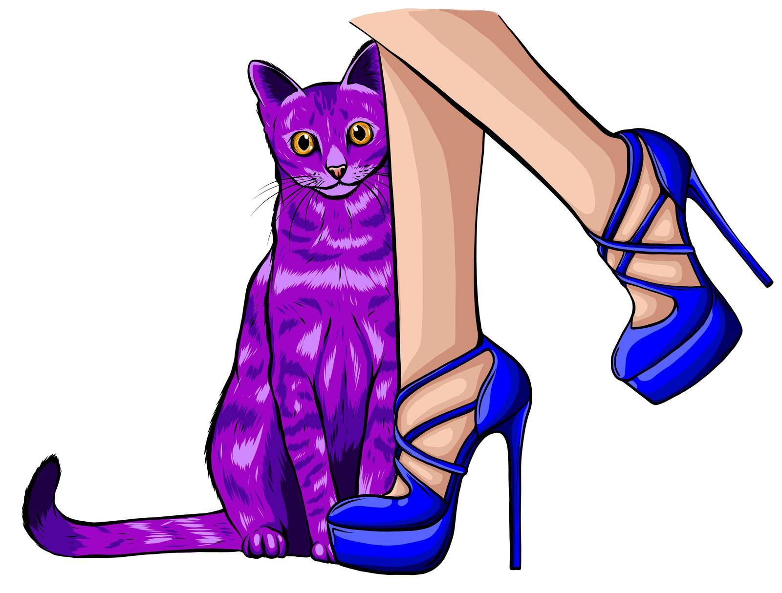 vector cat looking up at beautiful female legs in colorful fashionable high wedge leather sandals on white table.