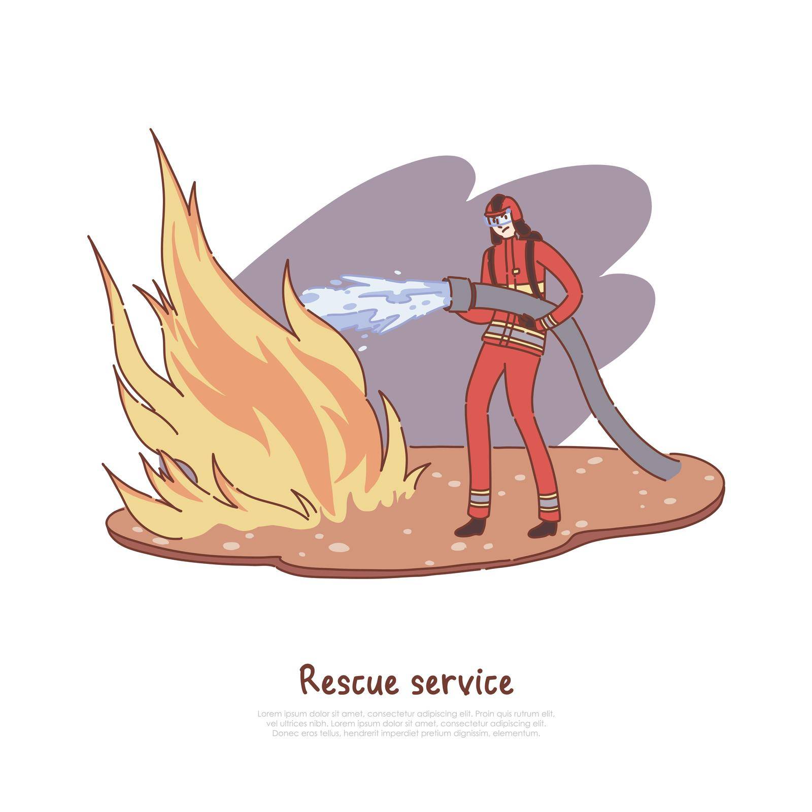 Firefighter puts out fire with water, brave fireman in uniform holding hose, dangerous profession, rescue service banner by VECTORIUM