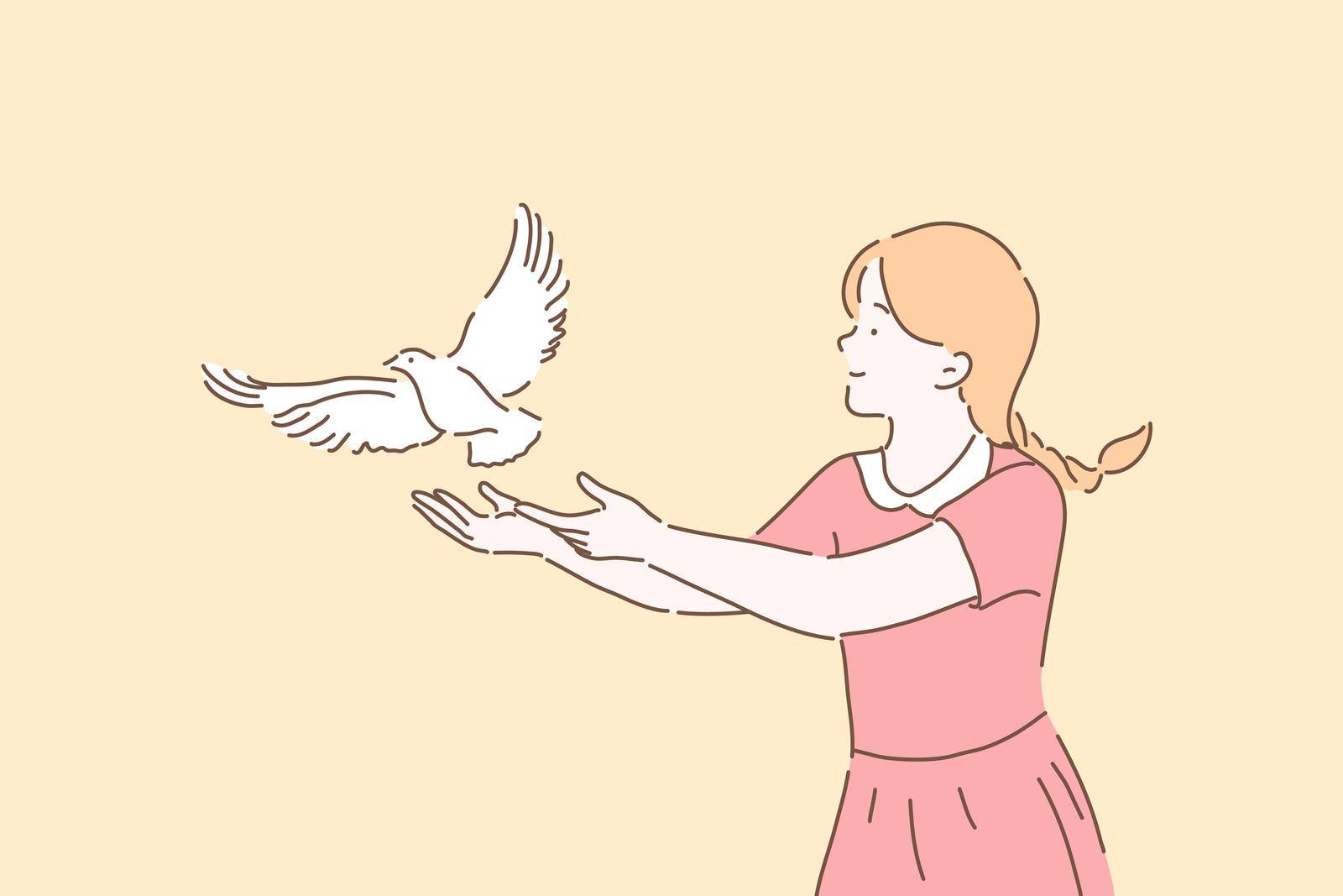 Peace symbol, freedom metaphor concept. Girl letting go white dove, cute kid setting free pigeon with open arms gesture, female volunteer taking care of birds. Simple flat vector