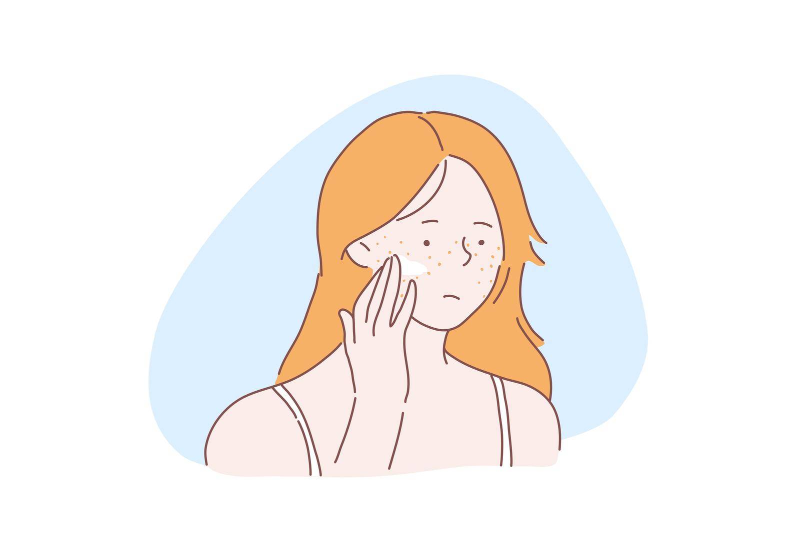 Teenage girl skincare problem concept. Woman with facial rash, lady applies cream, ointment on skin with acne pimples, covers freckles with foundation base, concealer. Simple flat vector