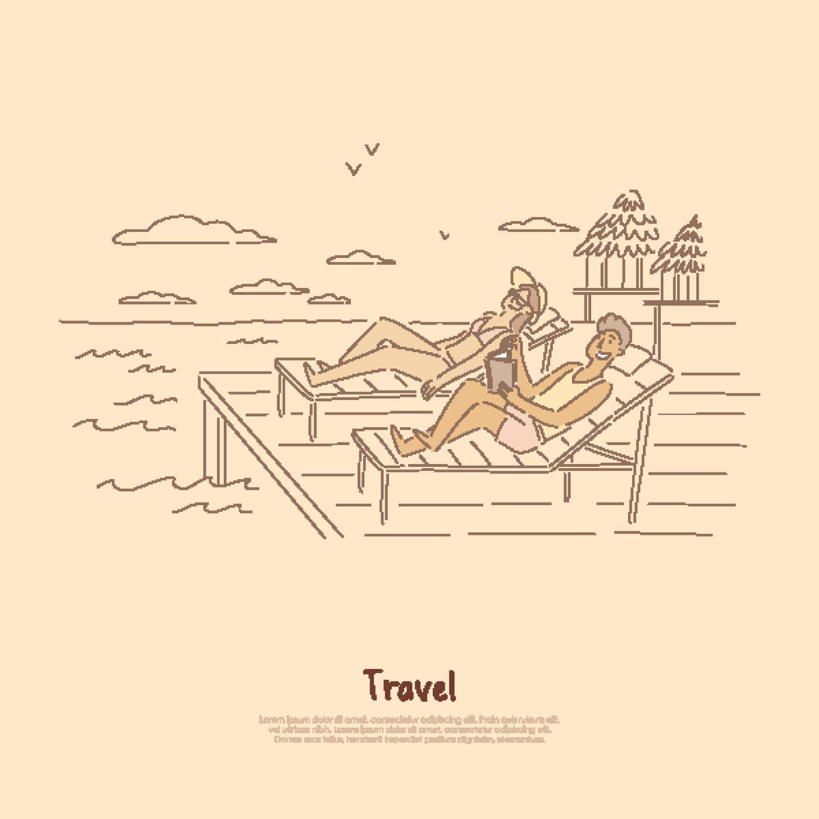 Seaside recreation, couple, friends sunbathing in deck-chairs, suntanned man reading book on sea resort banner. Summertime relax, honeymoon pastime concept cartoon sketch. Flat vector illustration