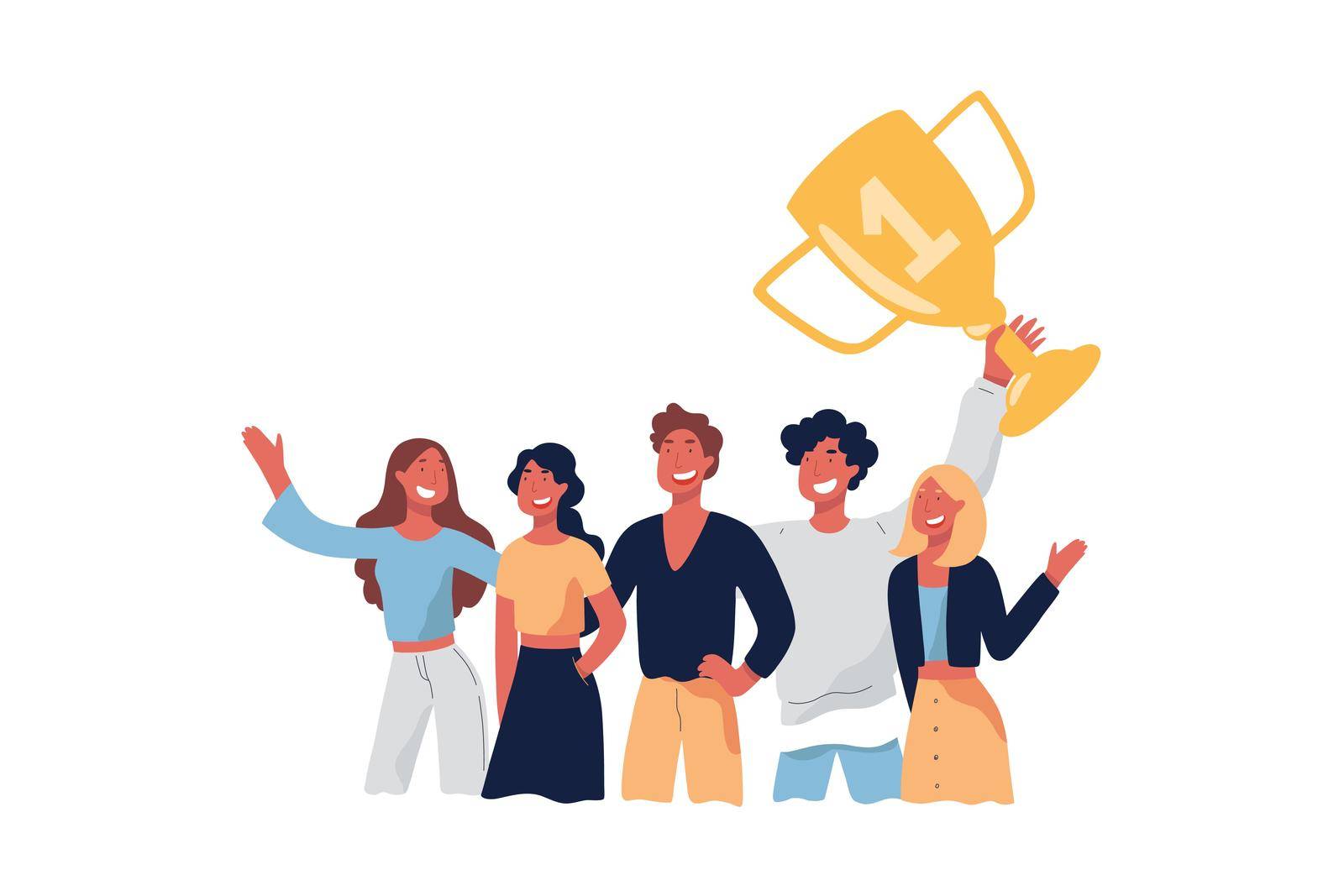 Team celebrating victory, smiling people, champions holding gold cup, trophy, victorious gesture, goal achievement. Successful men, women winning prize concept cartoon sketch. Flat vector illustration