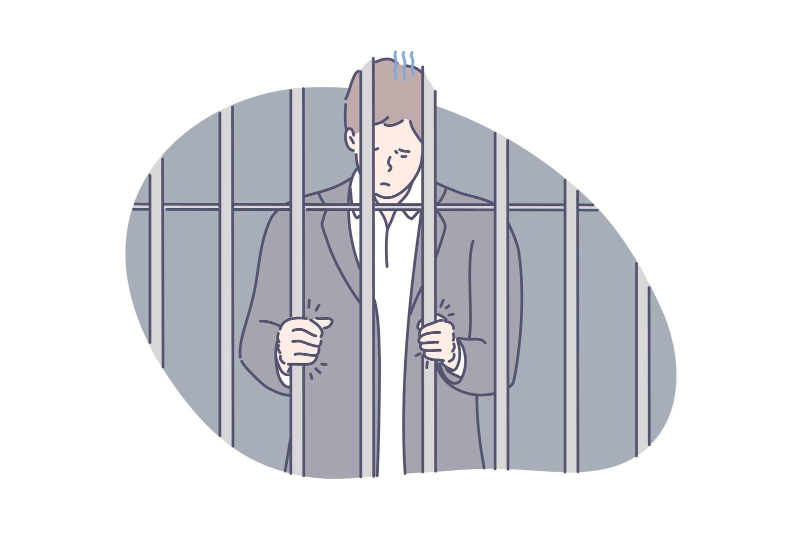 Jail, prisoner, fraud concept. Young unhappy man was sentenced to jail for fraud. Sad prisoner demands to let him out. Businesman made crime and was locked up in prison. Simple flat vector