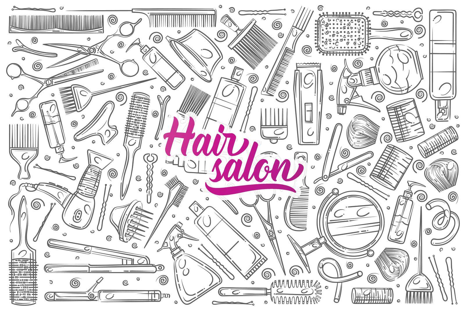 Hand drawn hair salon tools. Equipment for professional hairdresser doodle set background