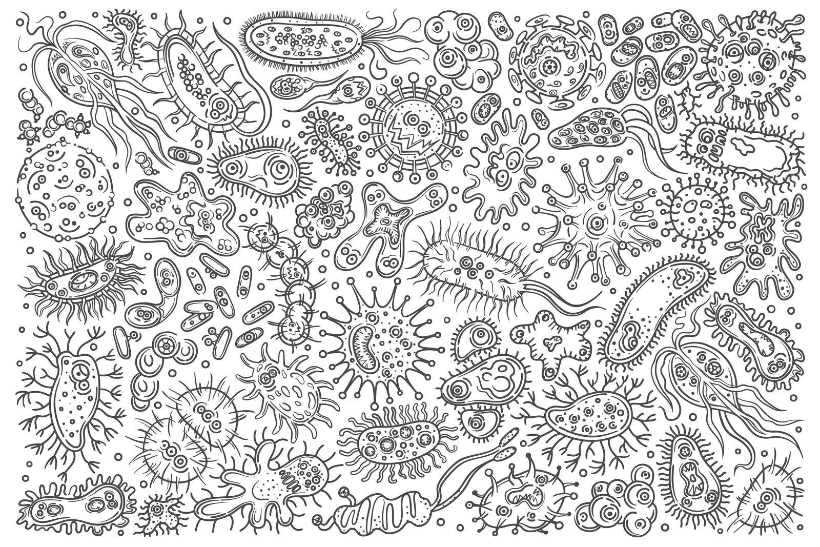 Hand drawn different bacteria and viruses. by VECTORIUM