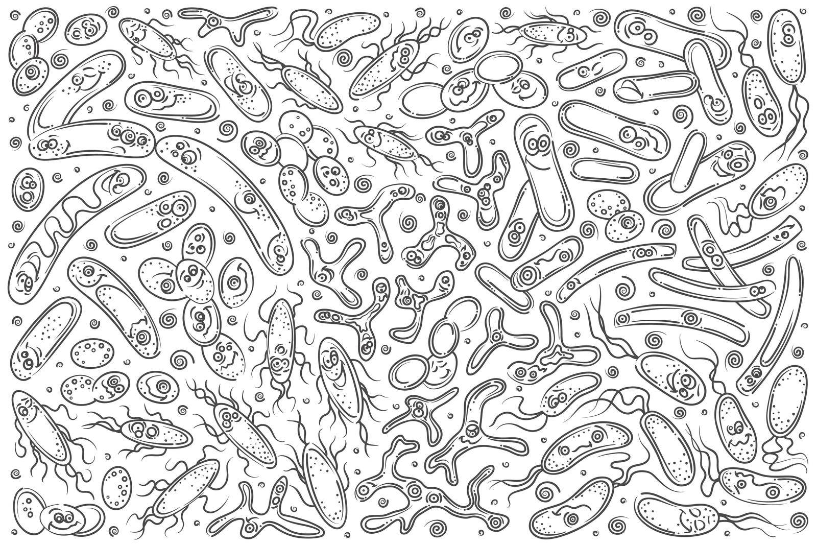 Hand drawn probiotics, useful bacterias. Concept of chemistry, biology and medicine doodle set background
