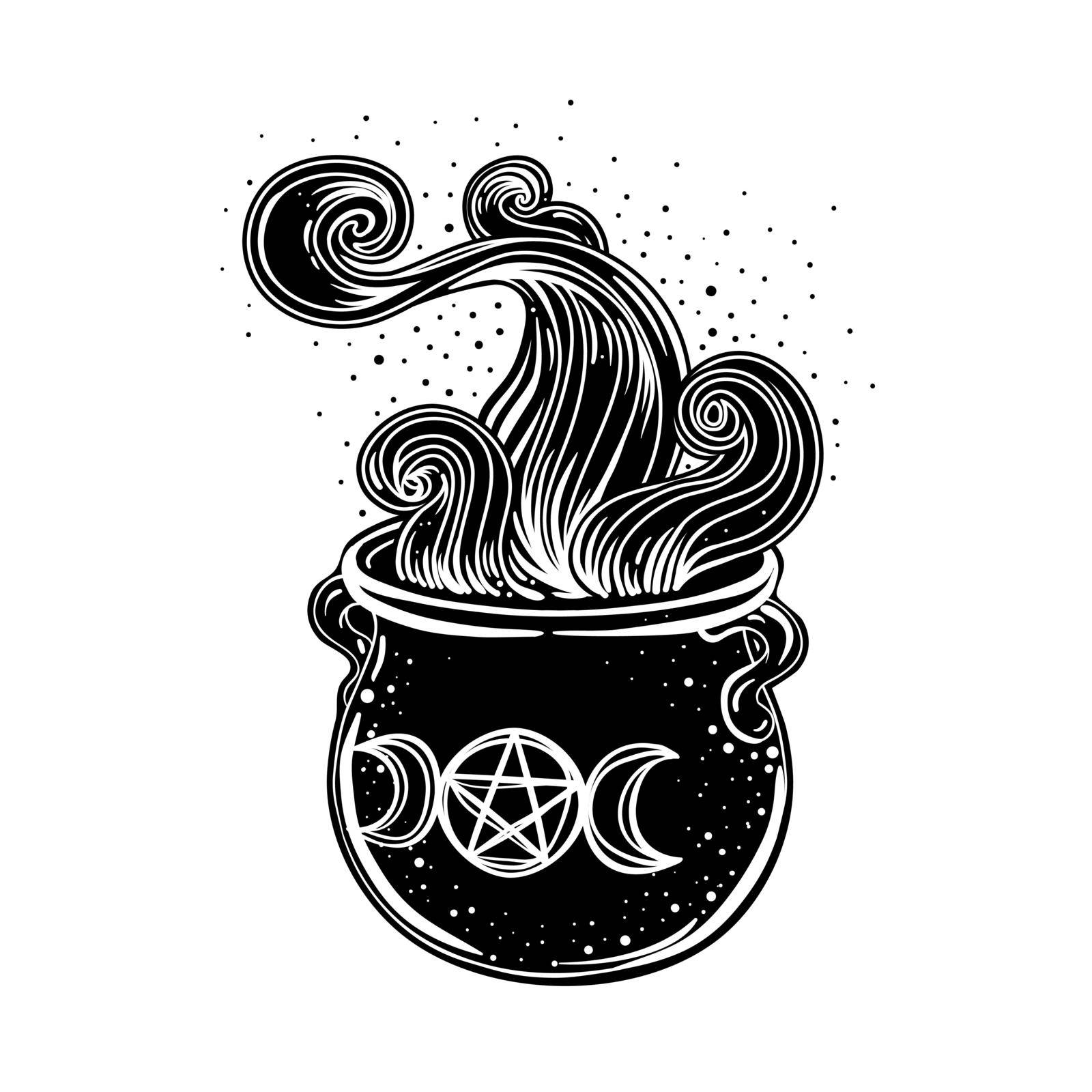 Witches cauldron. Vector isolated illustration in Victorian style. Mediumship divination equipment. flash tattoo drawing. Alchemy, religion, spirituality, occultism.