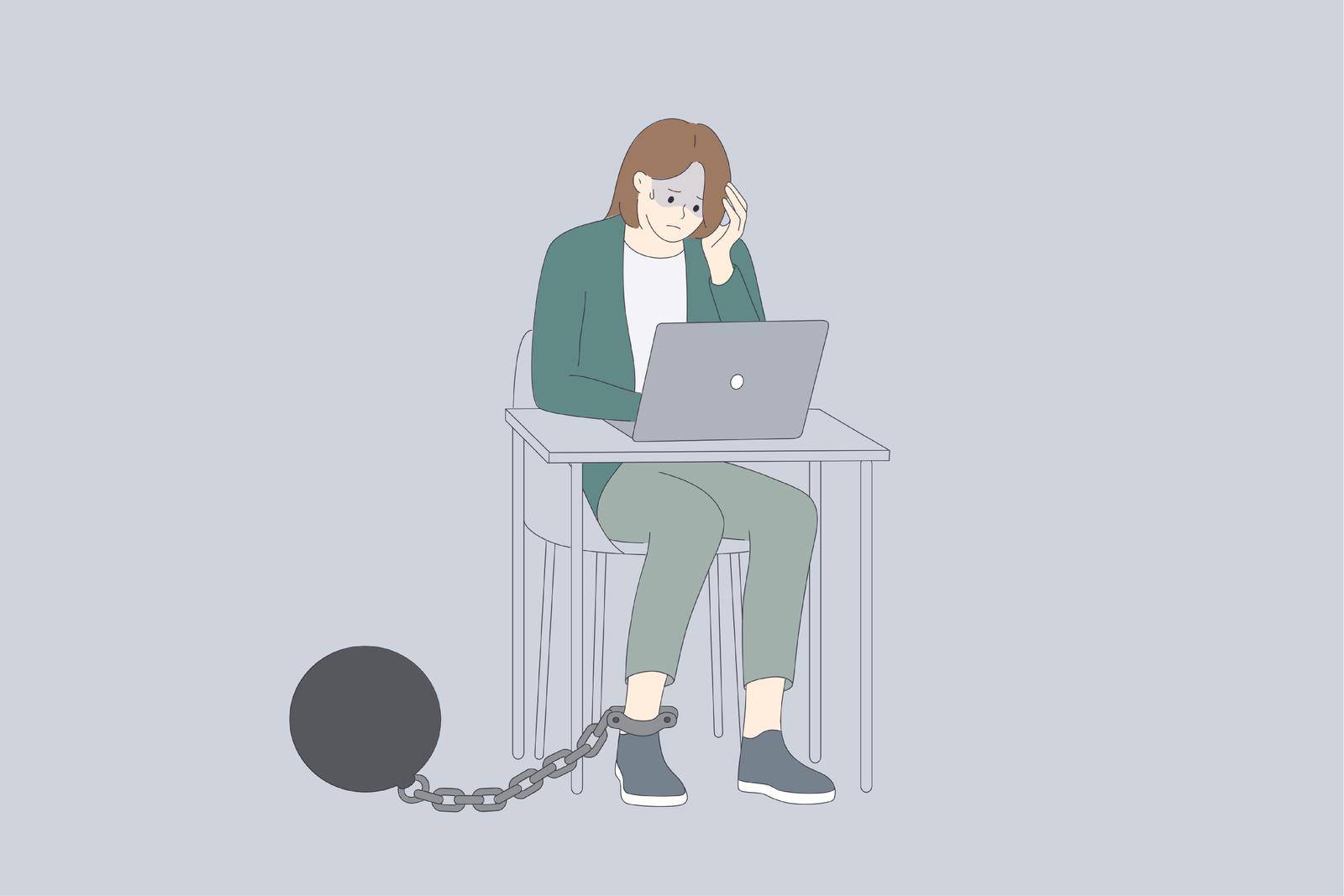 Debts and bankrupt concept. Young depressed woman cartoon character sitting with laptop and kettlebell on leg on chain feeling unhappy frustrated vector illustration