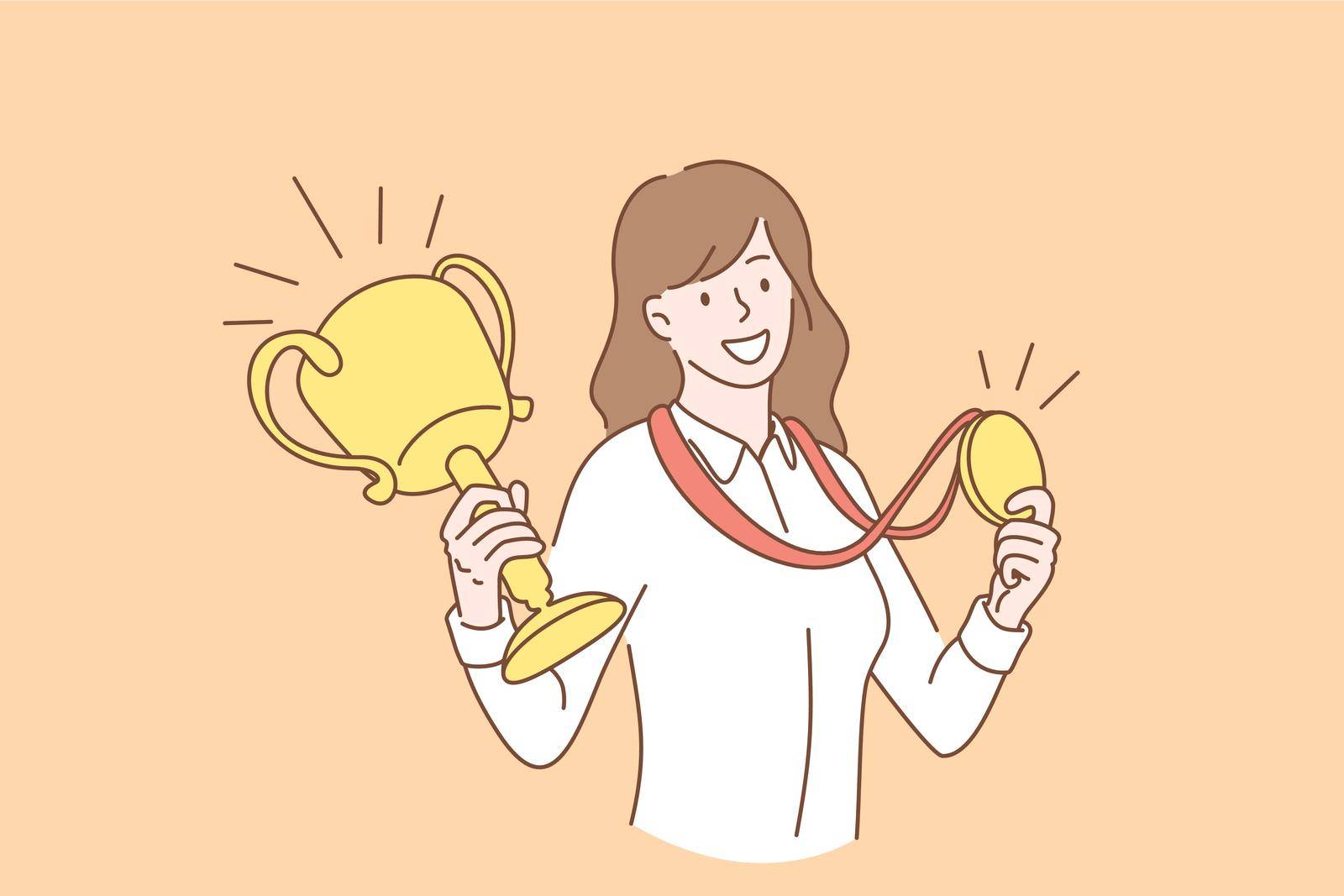Business success and achievement concept. Young smiling business woman cartoon character standing holding golden medal and first prize trophy in hands vector illustration