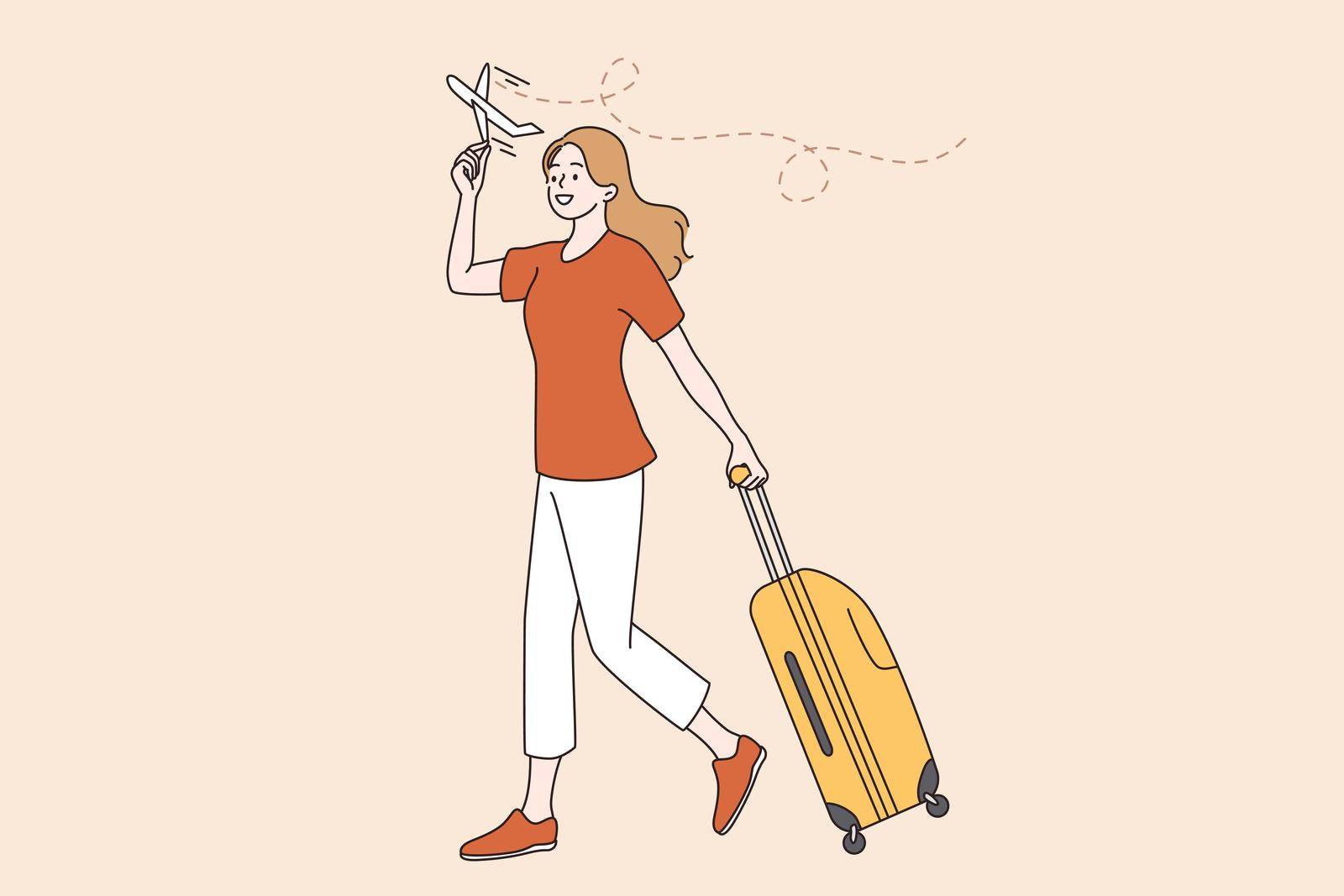 Traveling and vacations during covid-19 pandemic concept. Young woman walking with suitcase ready for flight during quarantine vector illustration