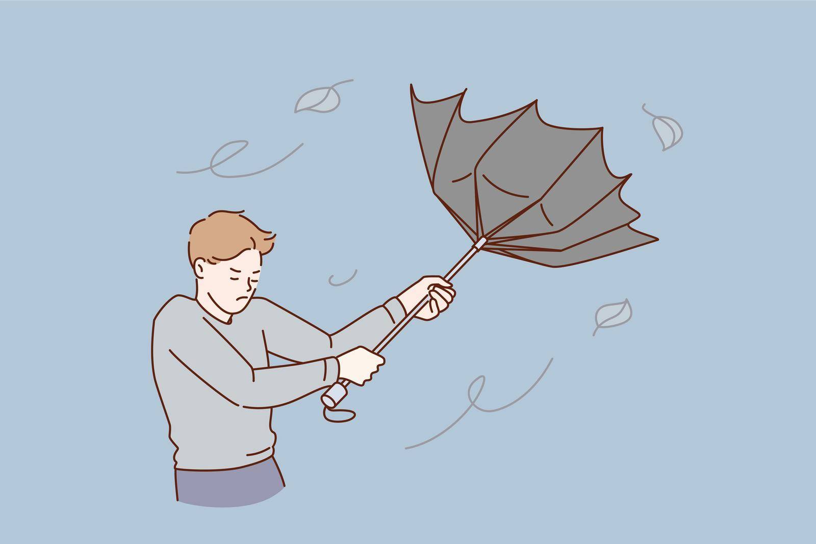 Bad weather and storm concept. Young stressed man cartoon character standing trying to catch flying umbrella from rain and wind vector illustration