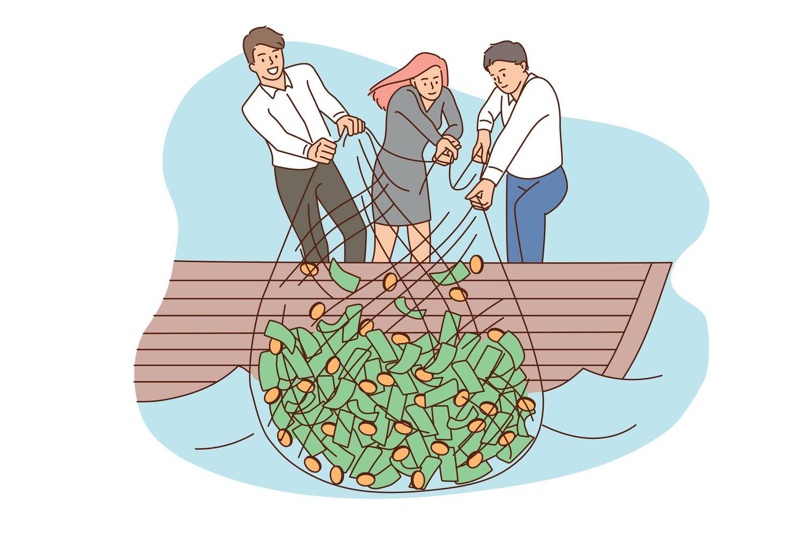 Profit, financial success, wealth concept. Group of young smiling business partners putting fishing sack with heaps of cash paper currency and coins vector illustration