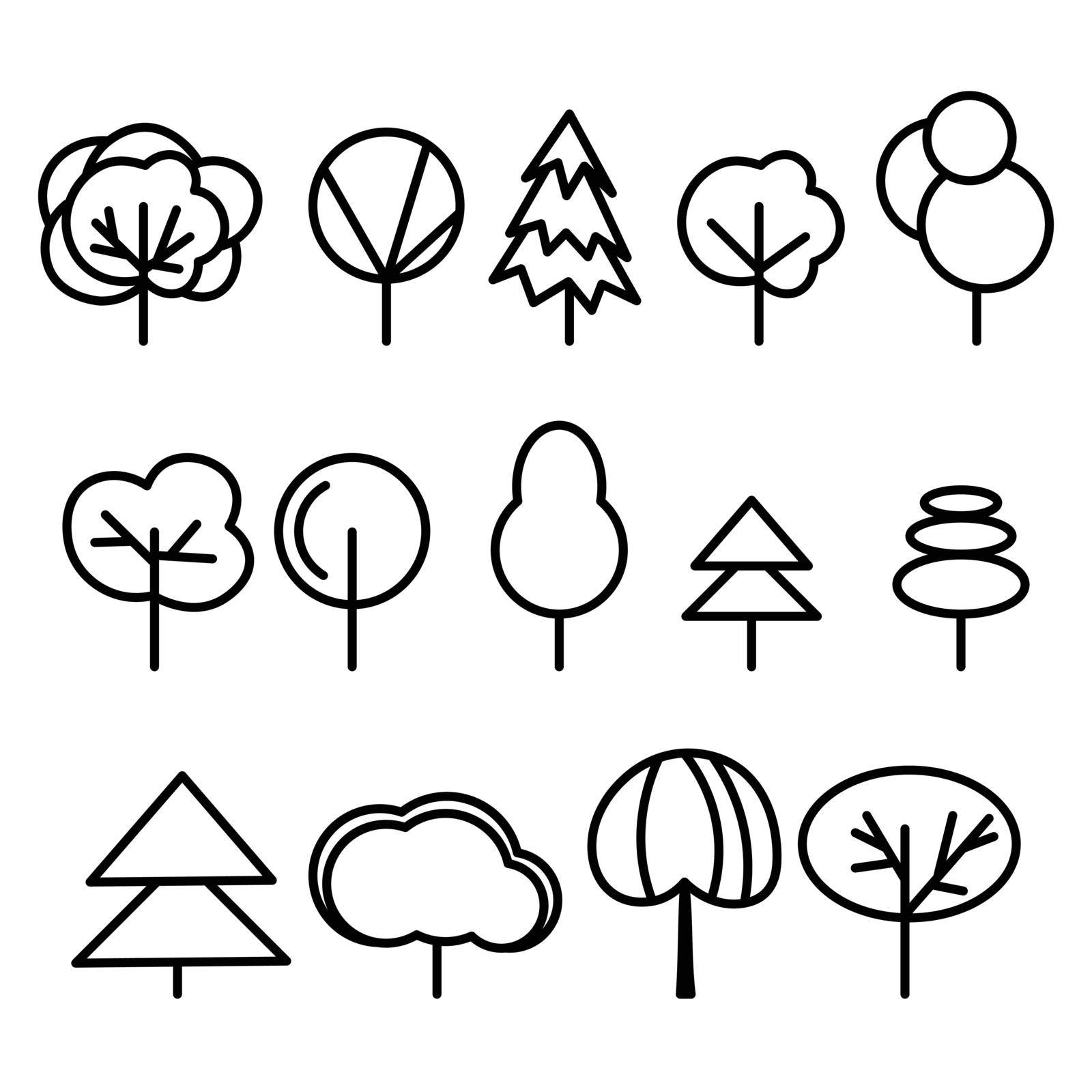 Set with back and white template tree, fir tree icon. Vector symbol sign isolated on white background. Trees flat line icons set. Plants, landscape design. Business idea concept.