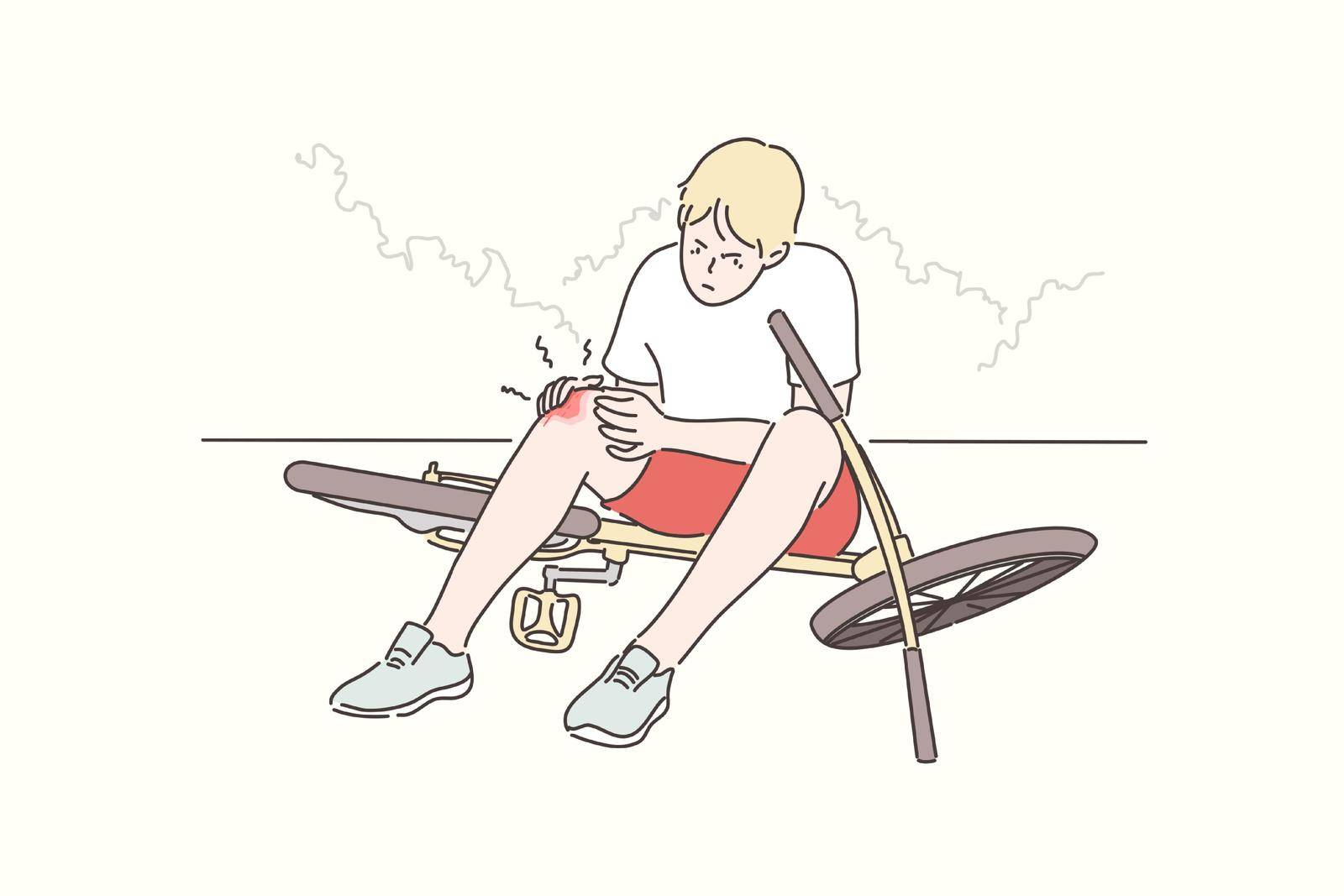 Trauma, sport, cycling, pain, anger concept. Young sad angry boy teenager cartoon character fell down from bike and got injured knee painfully. Summer holiday recreation active lifestyle illustration.