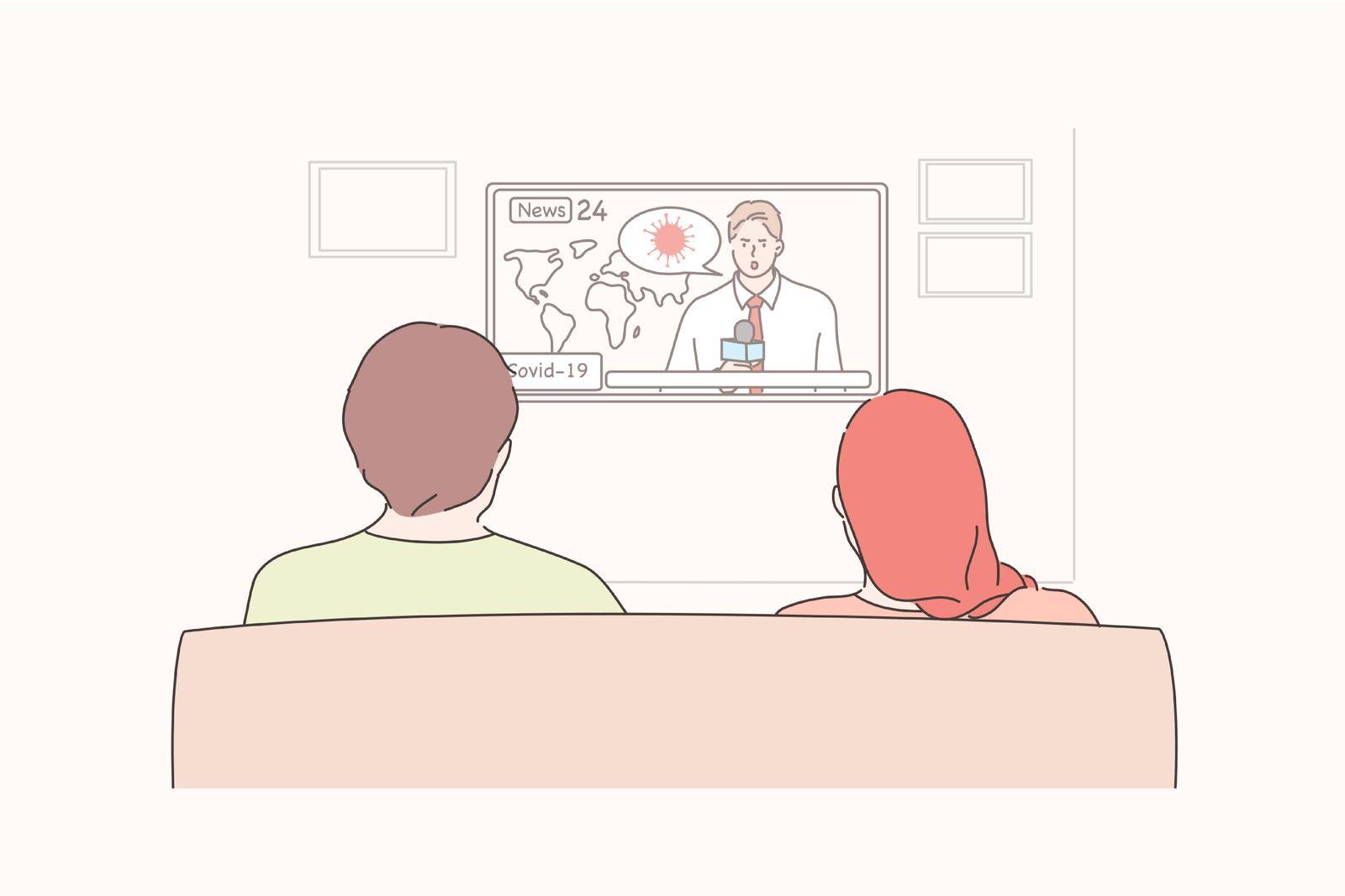 News, quarantine, coronavirus, broadcast concept. Young man and woman couple watching news on TV or reminder to stay at home. Social distancing and self isolation during covid19 pandemic and lockdown.