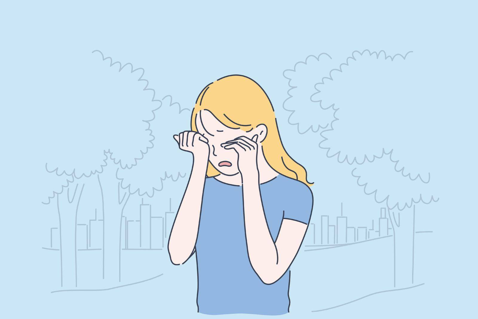 Depression, frustration and loneliness concept. Sad girl crying in park closing eyes with hands, emotionally unstable blonde woman weeping in despair outdoors. Simple flat vector