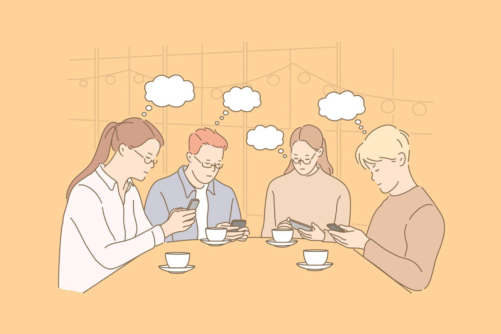 Communication, thought bubble, addiction, business, teamwork concept. Young people have business meeting. Teamwork teenagers prefer communicate online. Addiction to social media is desease flat vector