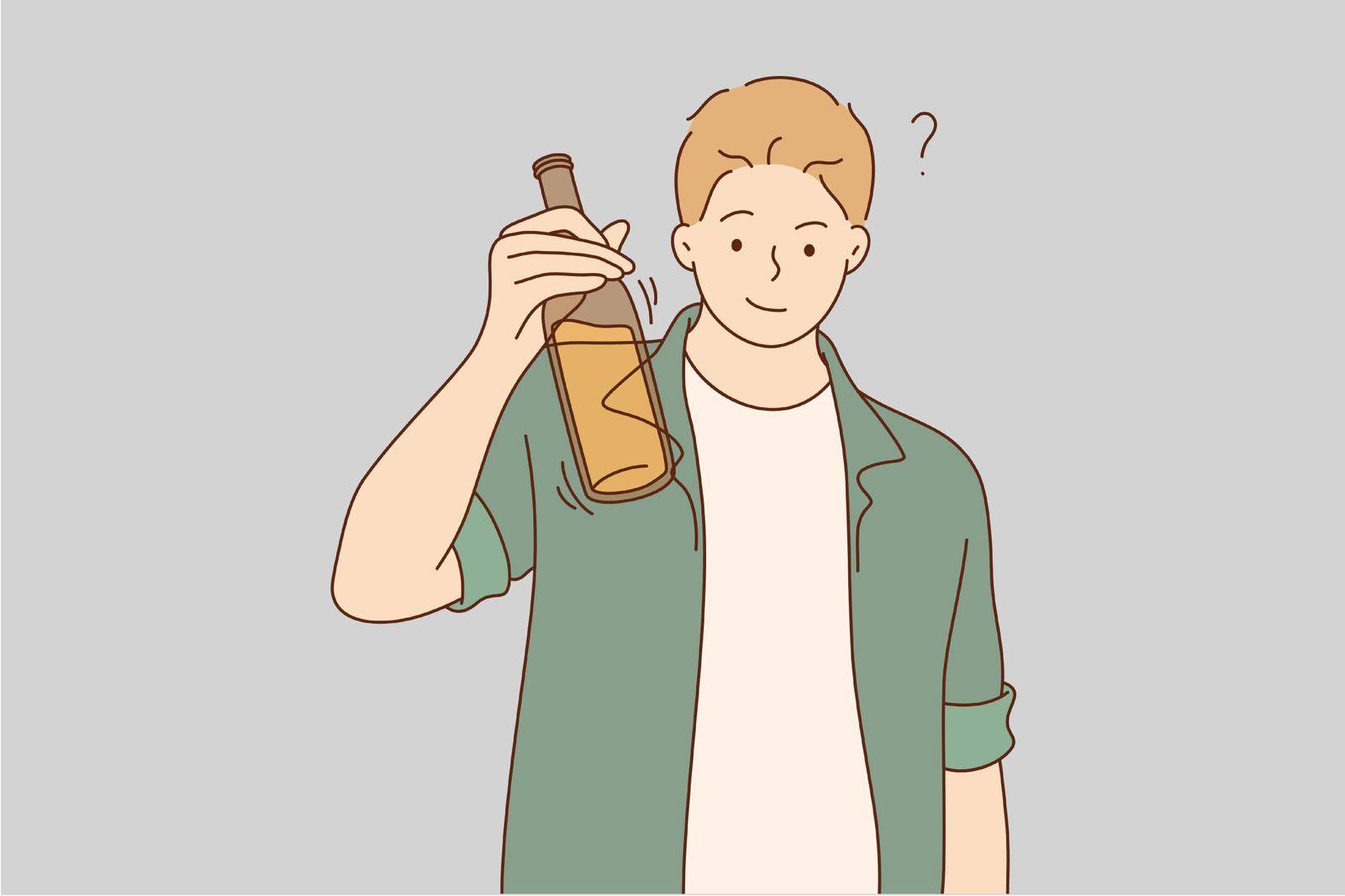 Drink, alcohol, celebration, congratulation concept. Young happy smiling man guy boy alcoholic holding bottle of beer and raising toast. Cheers on party and relaxation beverage addiction illustration