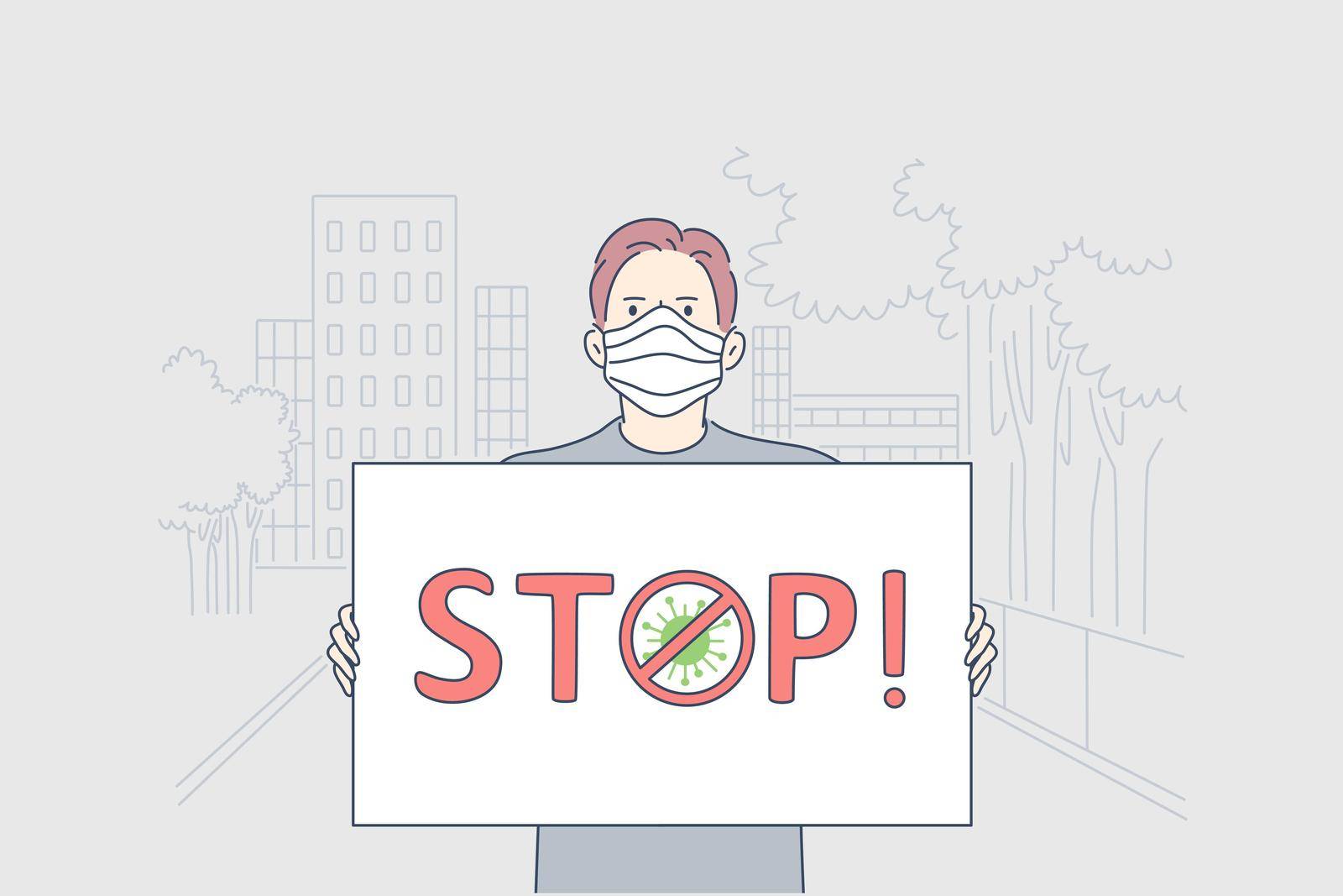 Healthcare, manifestation, infection, coronavirus, activism concept. Man activist cartoon character in medical mask with banner protest against COVID19 desease. Stop 2019ncov biohazard illustration.