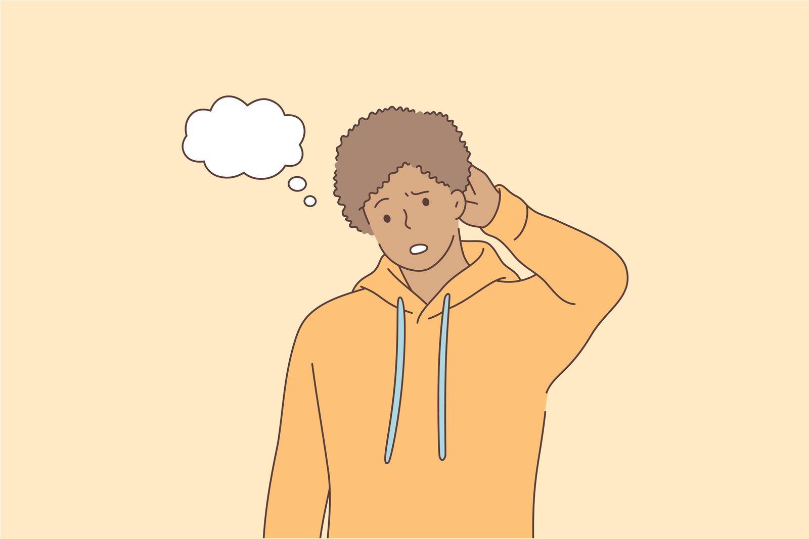 Emotion, face, expression, thought, trouble, question concept. Young pensive thoughtful african american man guy teenager character confused wonder about problem. Uncertainty with doubts or thinking.