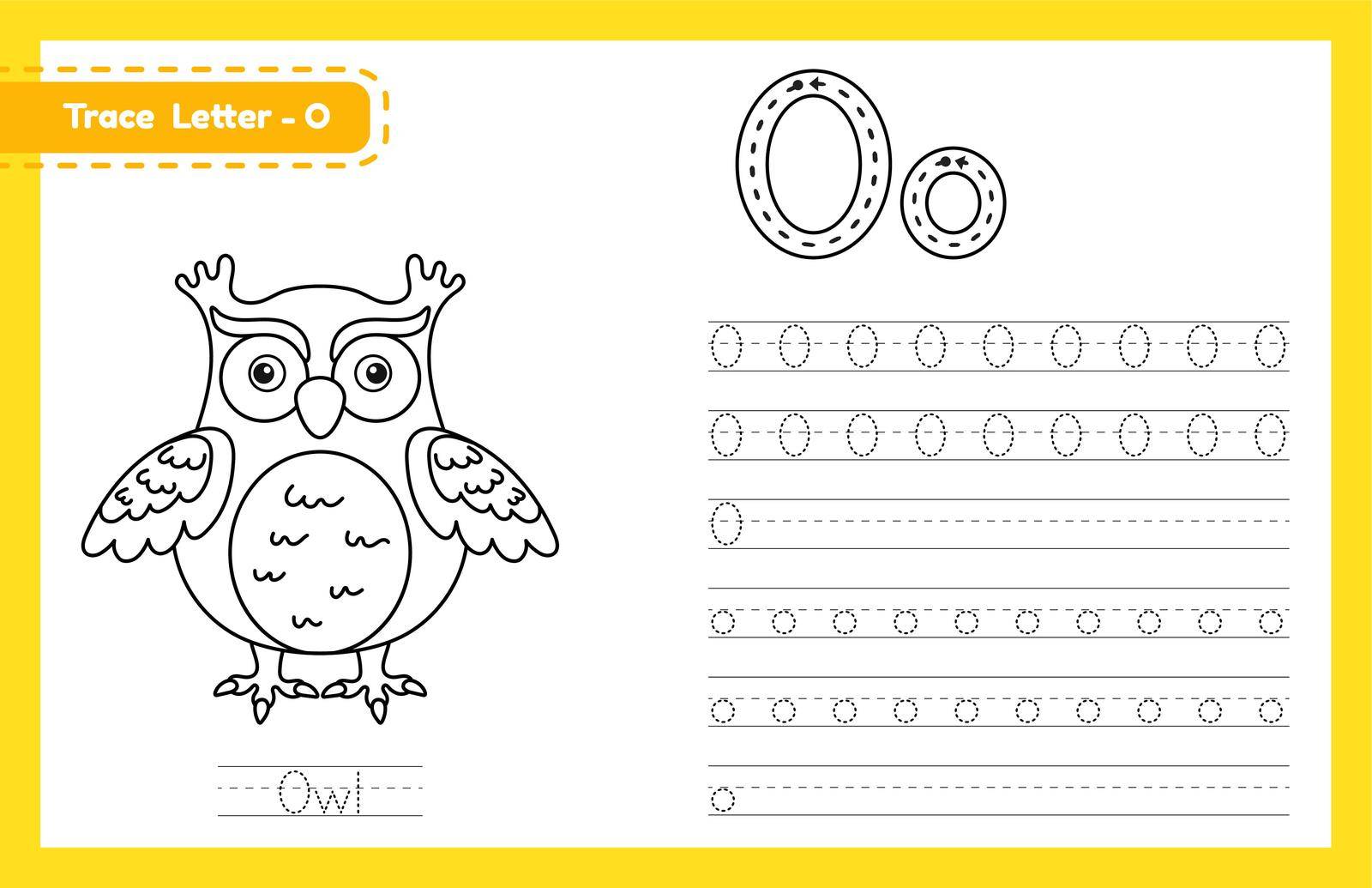 Trace letter O uppercase and lowercase. Alphabet tracing practice preschool worksheet for kids learning English with cute cartoon animal. Coloring book for Pre K, kindergarten. Vector illustration