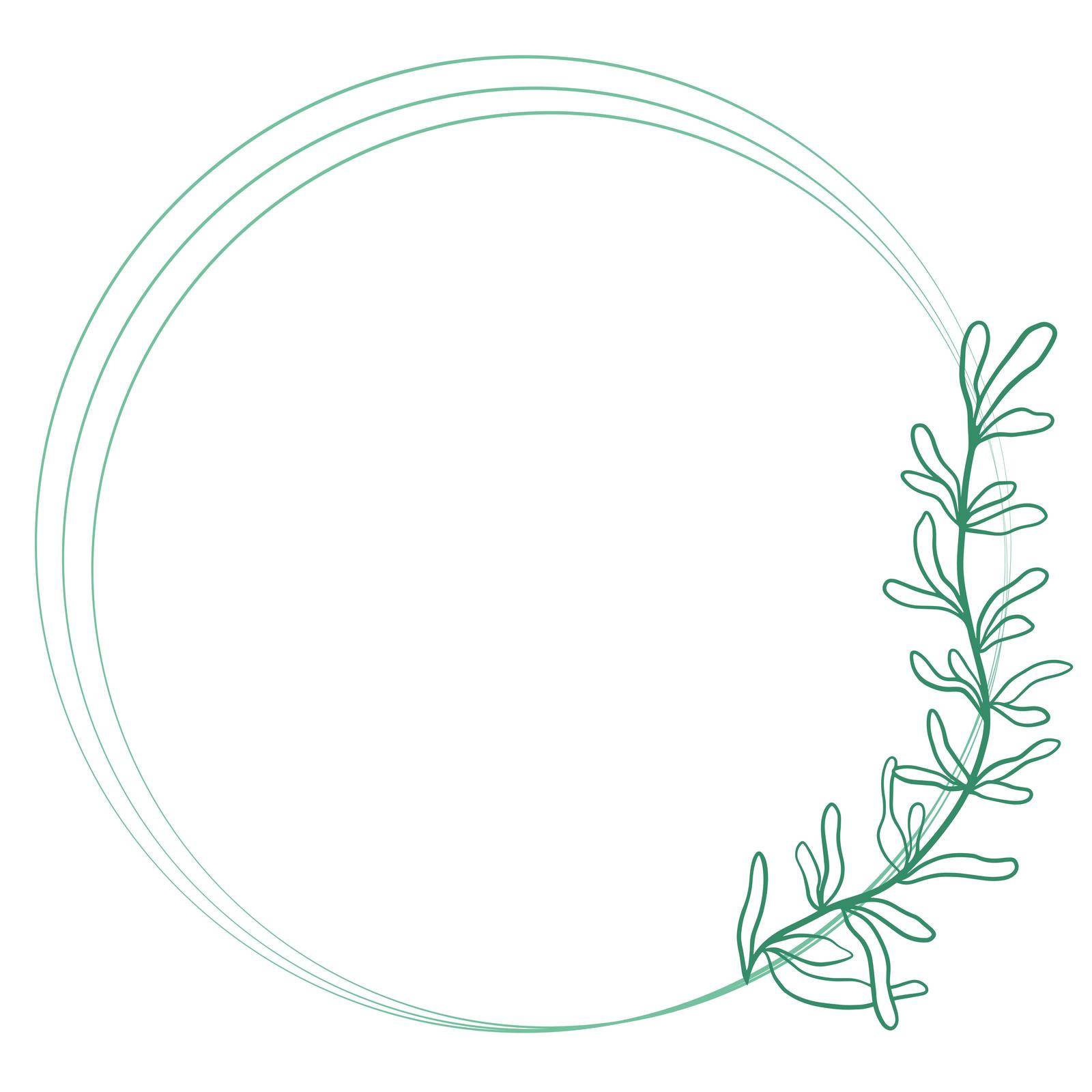 Beautiful circular wreath with a graceful branch, vector illustration. Round composite botanical template for congratulations or invitations. Hand drawn graphics, natural contour with leaves.