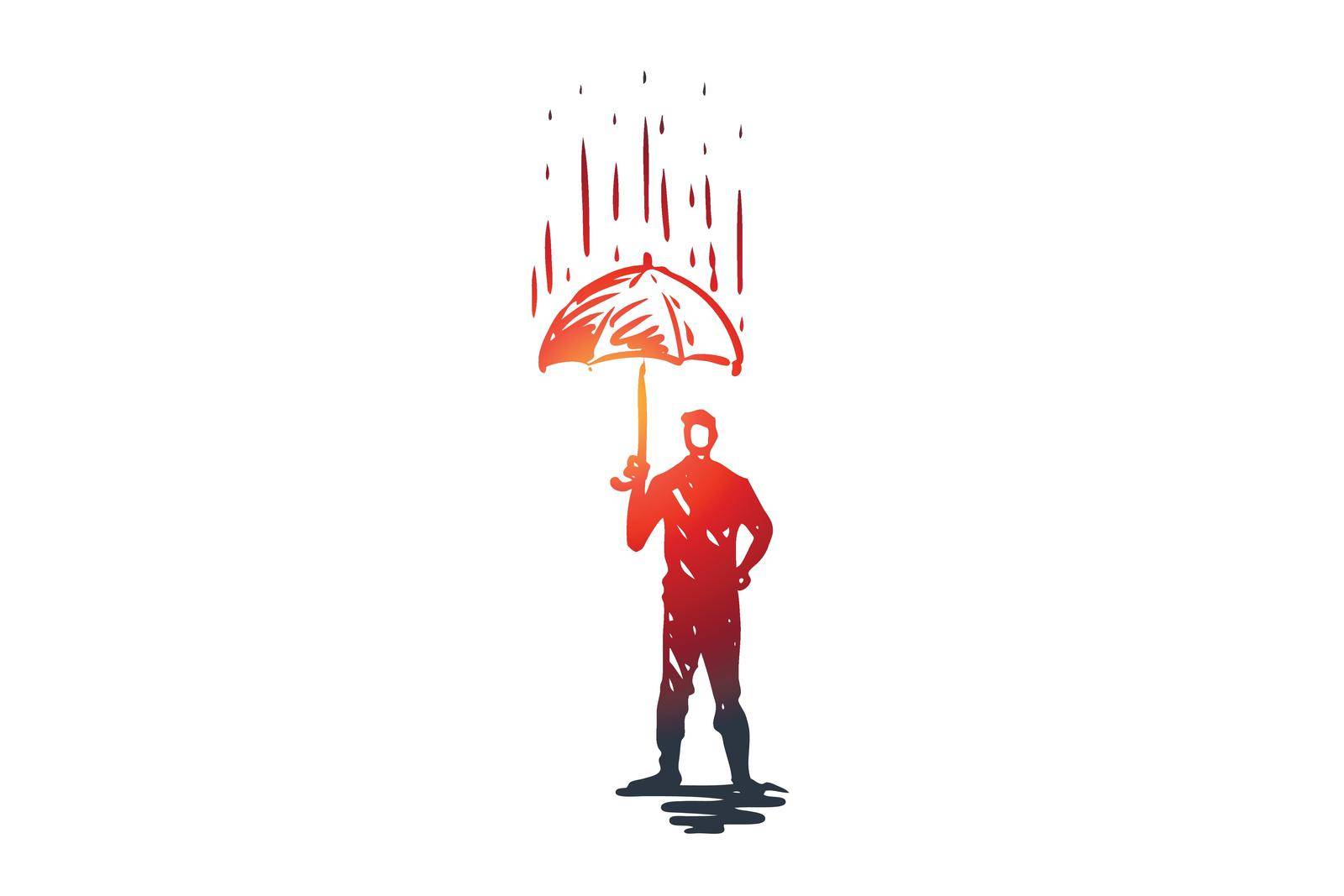 Reliability, safety, protect, safe, secure concept. Hand drawn person with umbrella under rain concept sketch. Isolated vector illustration.