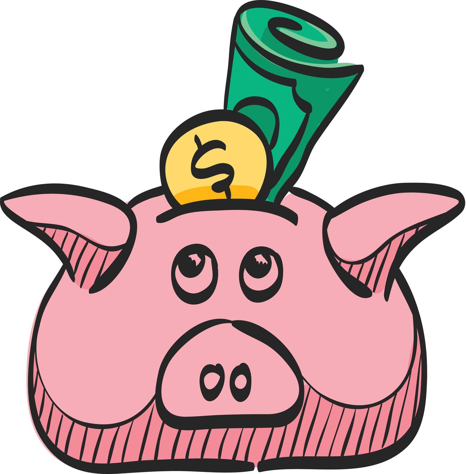 Coin piggy bank icon in color drawing. Saving, kids, bank 