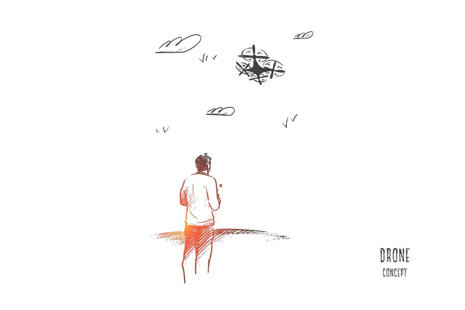 Drone concept. Hand drawn man with remote control and drone outdoor. Person flying drone with remote control isolated vector illustration.