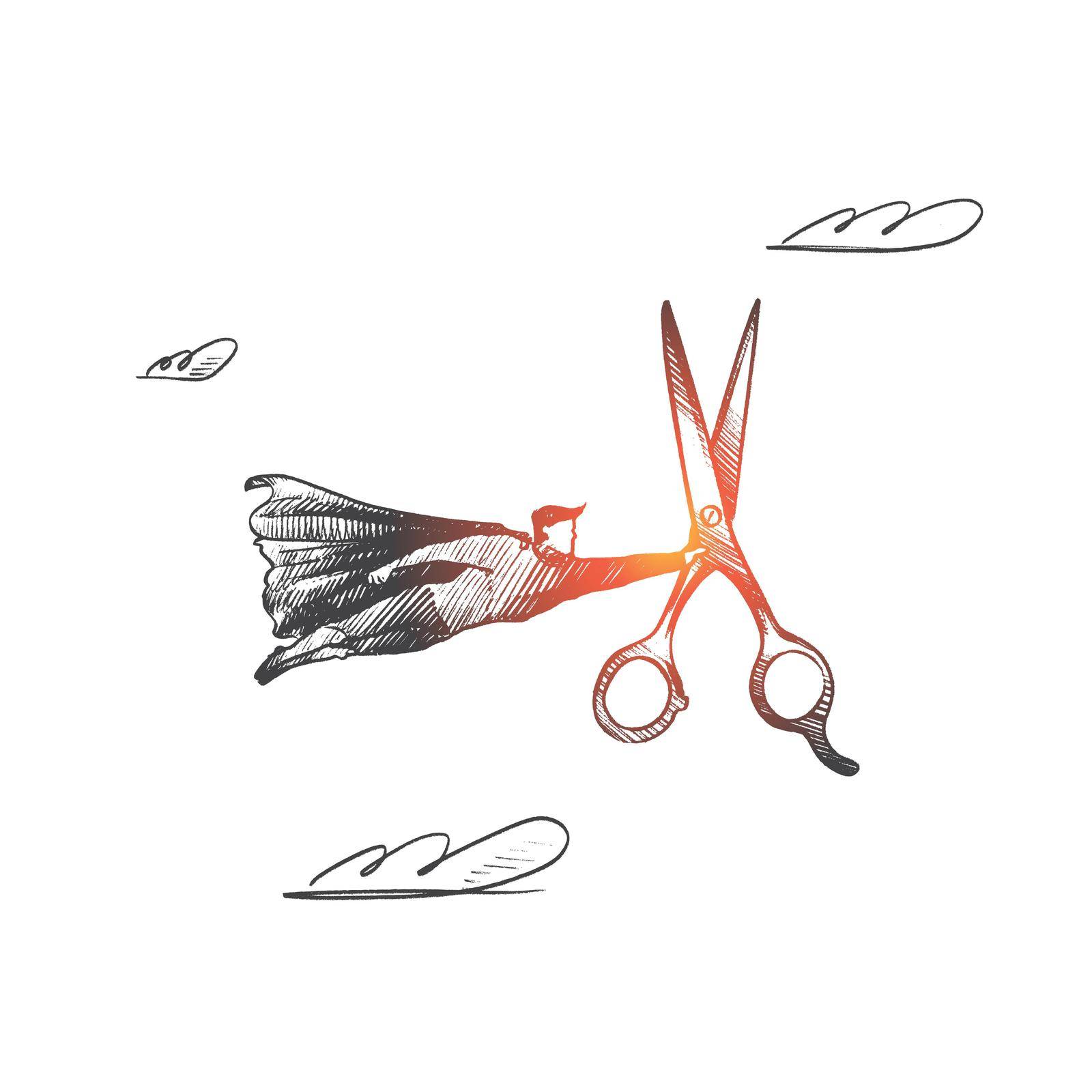 Barber shop concept. Hand drawn superhero with giant scissors in his hand. Flying hero with instrument for make haircut isolated vector illustration.