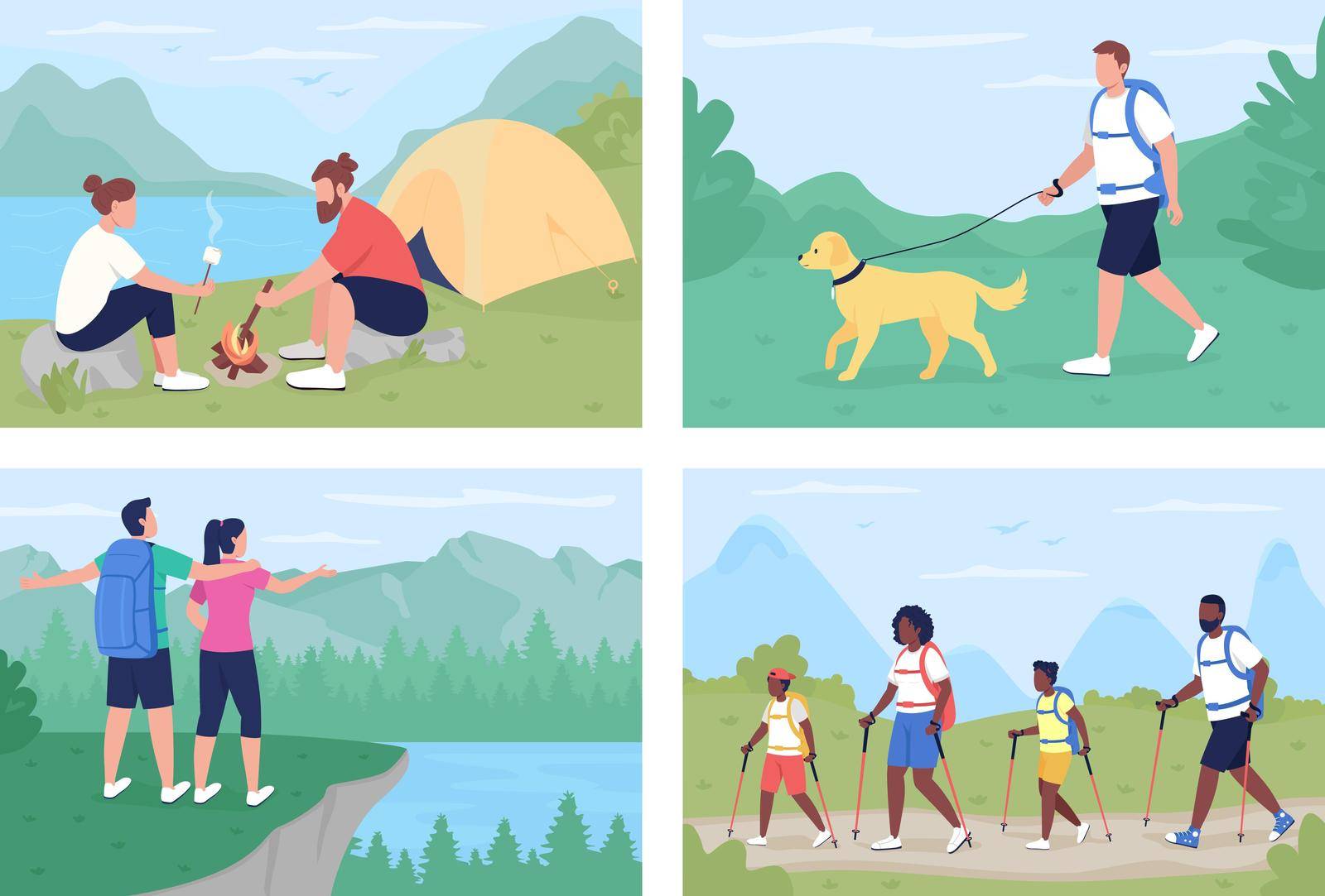 Leisure activity outdoors flat color vector illustration set. Walking on trails, resting in nature. Backpacker and camper 2D cartoon characters with panoramic countryside on background collection