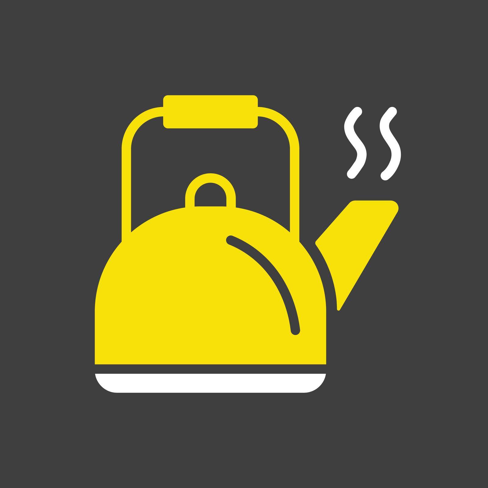 Camping metal kettle vector glyph icon on dark background. Camping and Hiking sign. Graph symbol for travel and tourism web site and apps design, app, UI