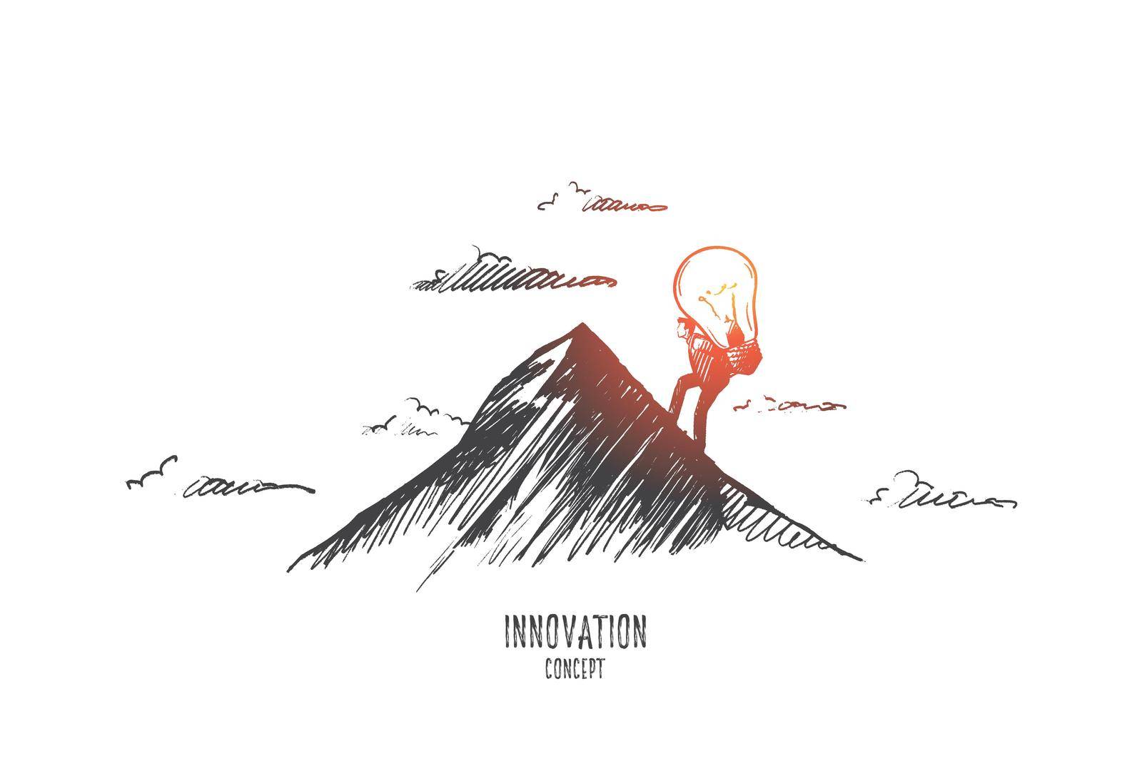Innovation concept. Hand drawn man climbing on mountain with light bulb. Light bulb as symbol of innovation isolated vector illustration.