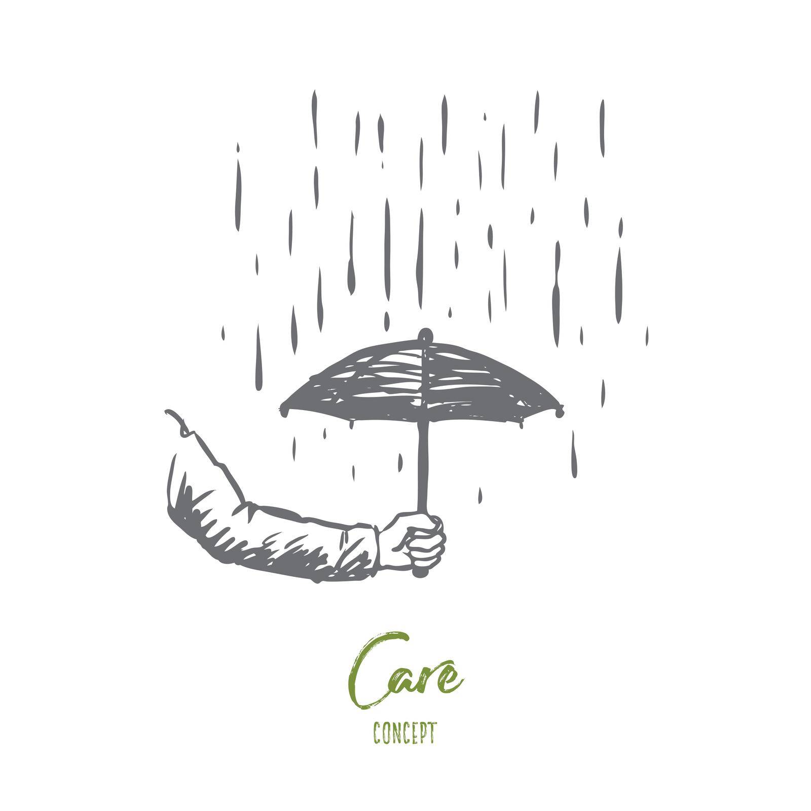 Care, protection, security, business concept. Hand drawn human hand with umbrella and raining concept sketch. Isolated vector illustration.