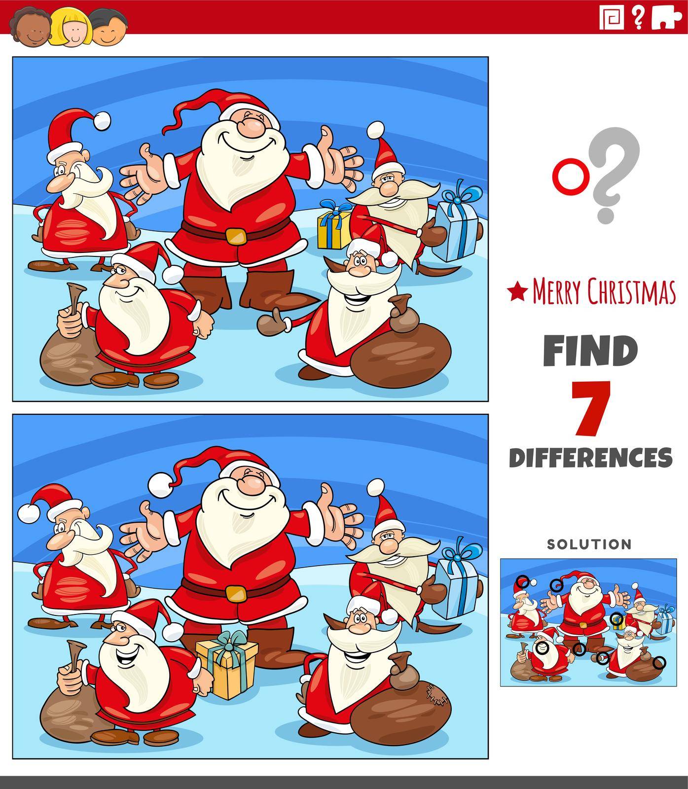 Cartoon illustration of finding differences between pictures educational game for children with Santa Claus characters on Christmas time