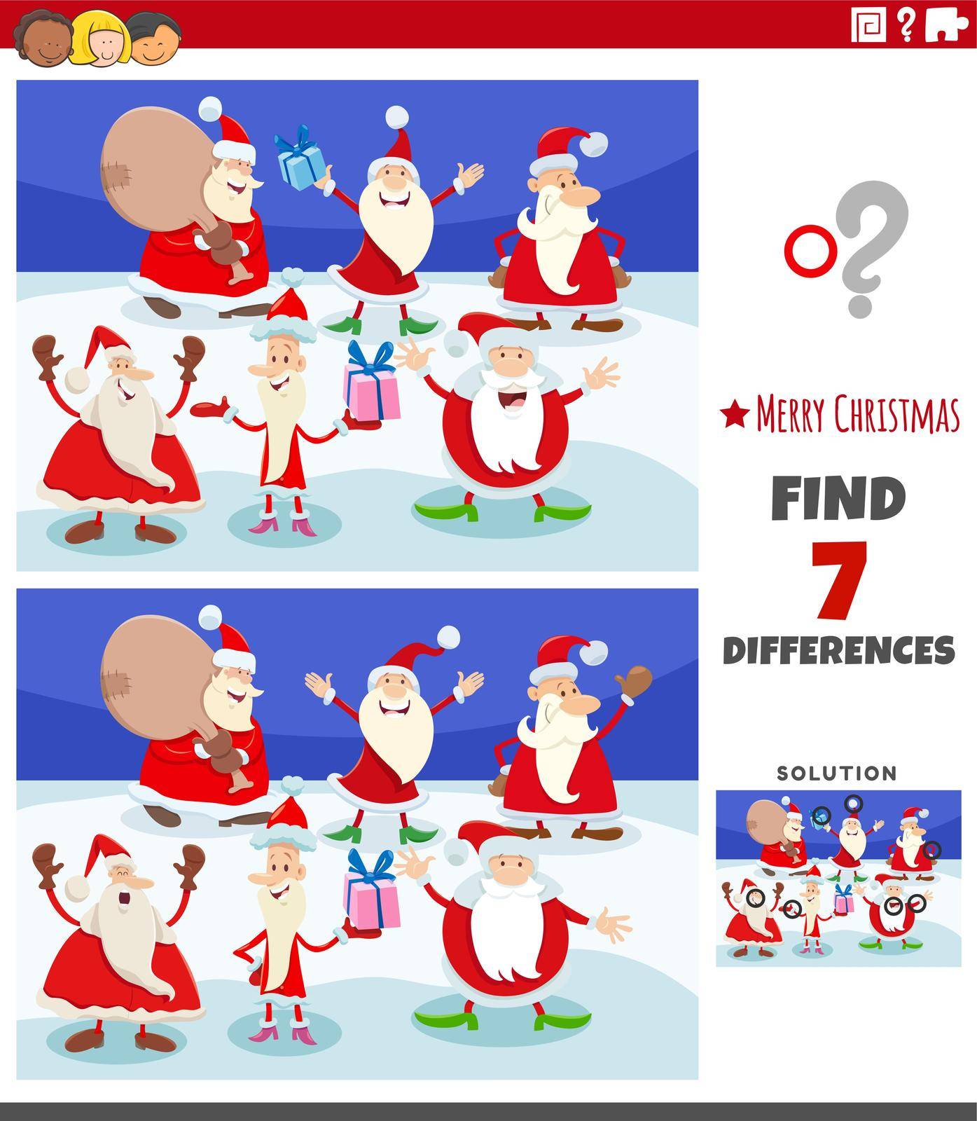 Cartoon illustration of finding differences between pictures educational task for children with Santa Claus characters on Christmas time