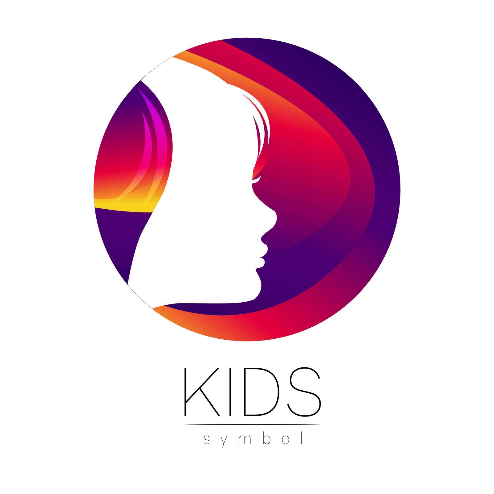 Child Girl Vector logotype in violet circle. Silhouette profile human head. Concept logo for people, children, autism, kids, therapy, clinic, education. Template symbol design by DesignAB